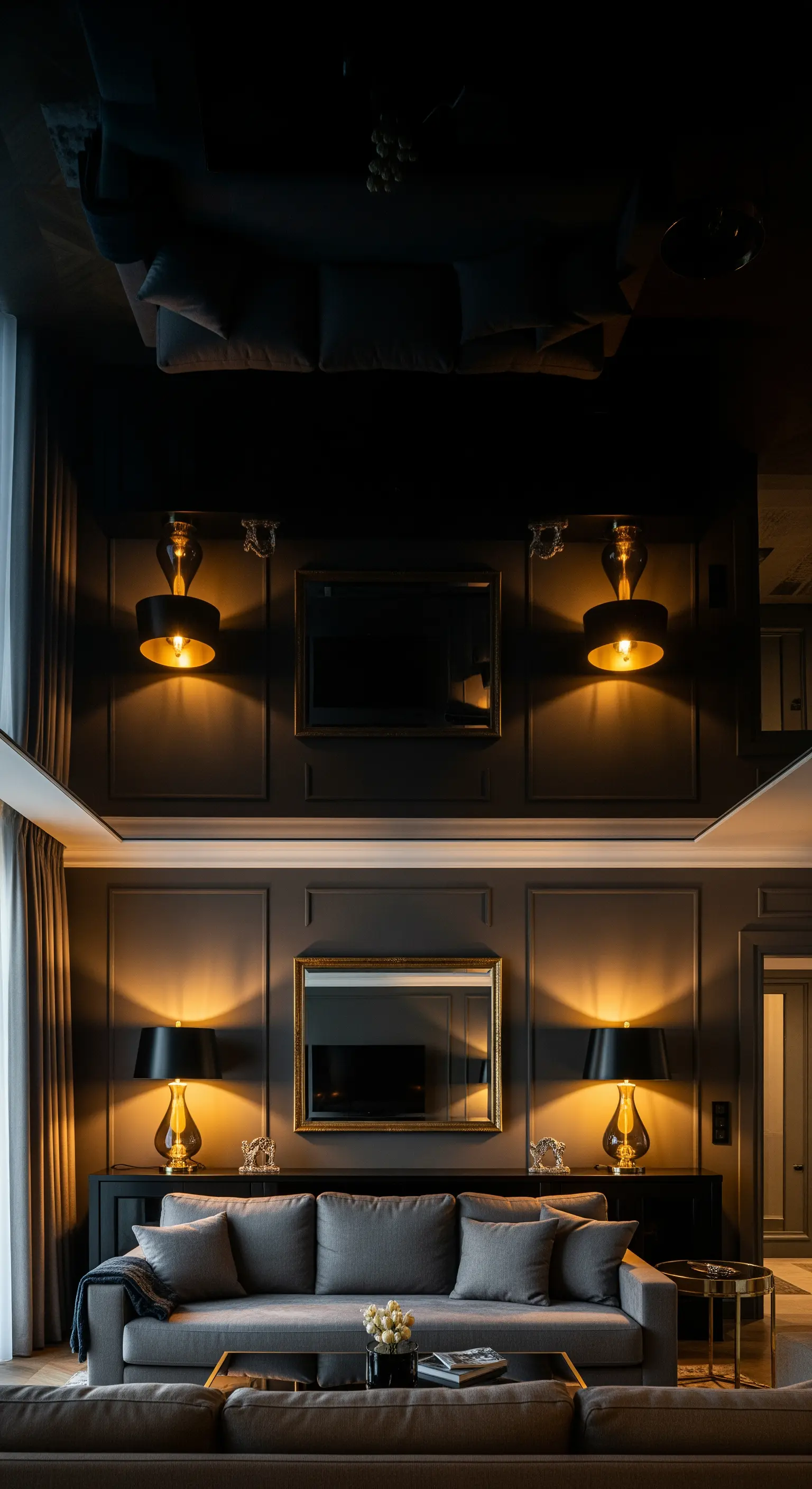 Dunkles Wohnzimmer mit spiegelnder dunkler Decke