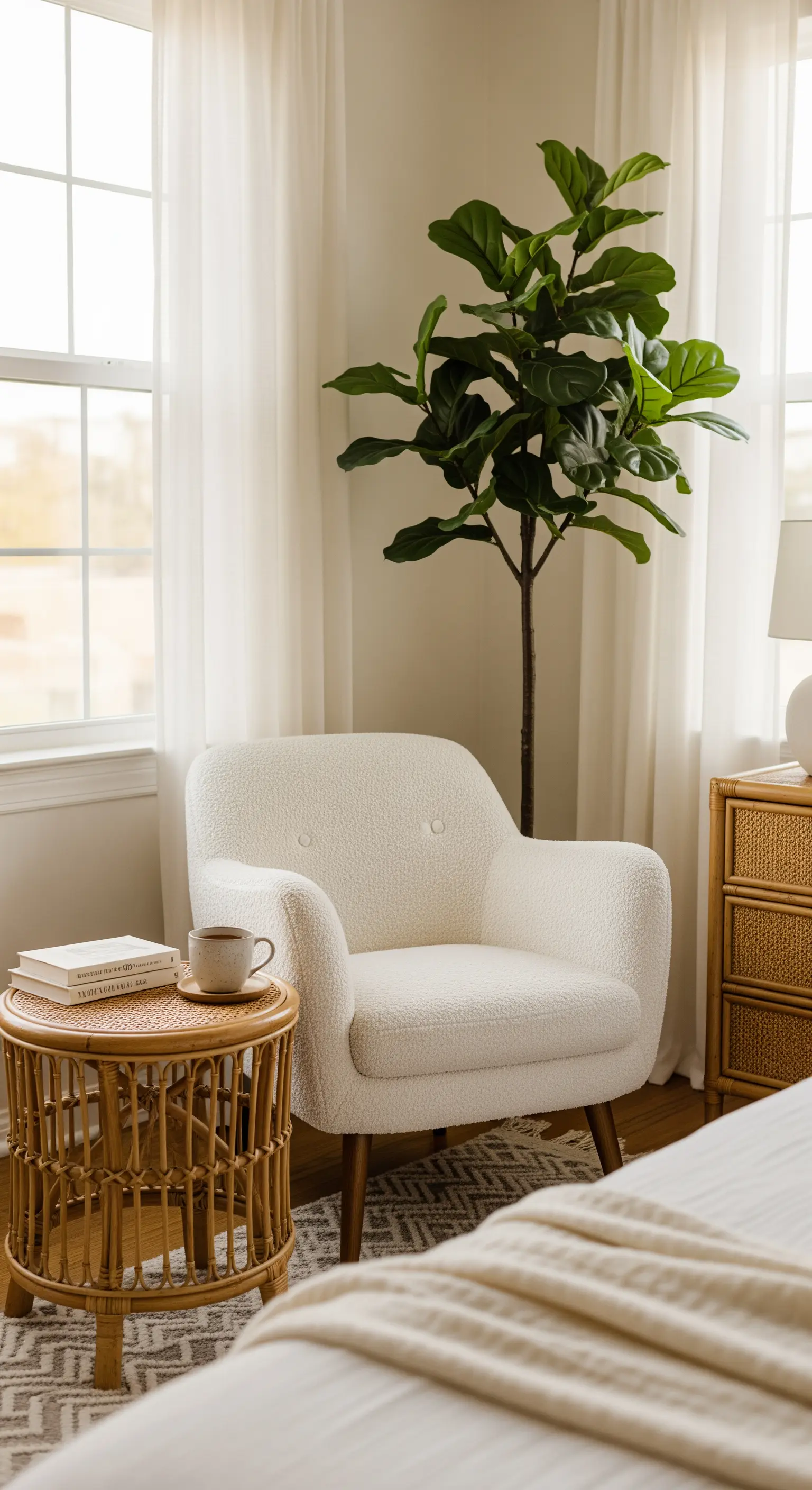 Weißer Bouclé-Sessel mit Geigenfeige im hellen Schlafzimmer