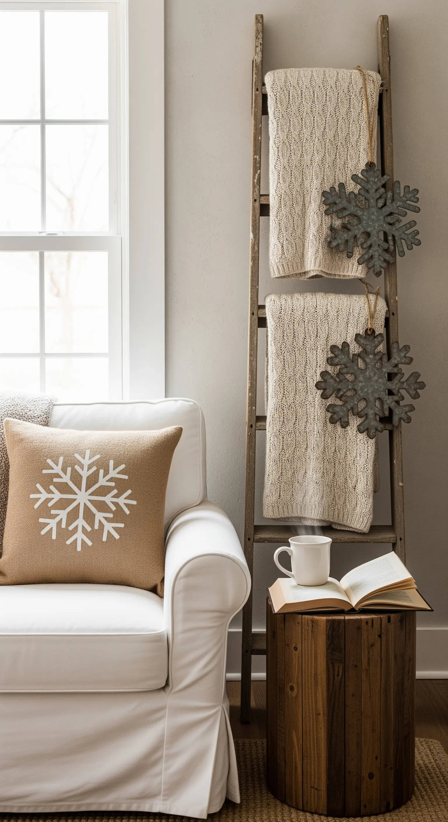 Holzleiter mit beigen Strickdecken und Metall-Schneeflocken
