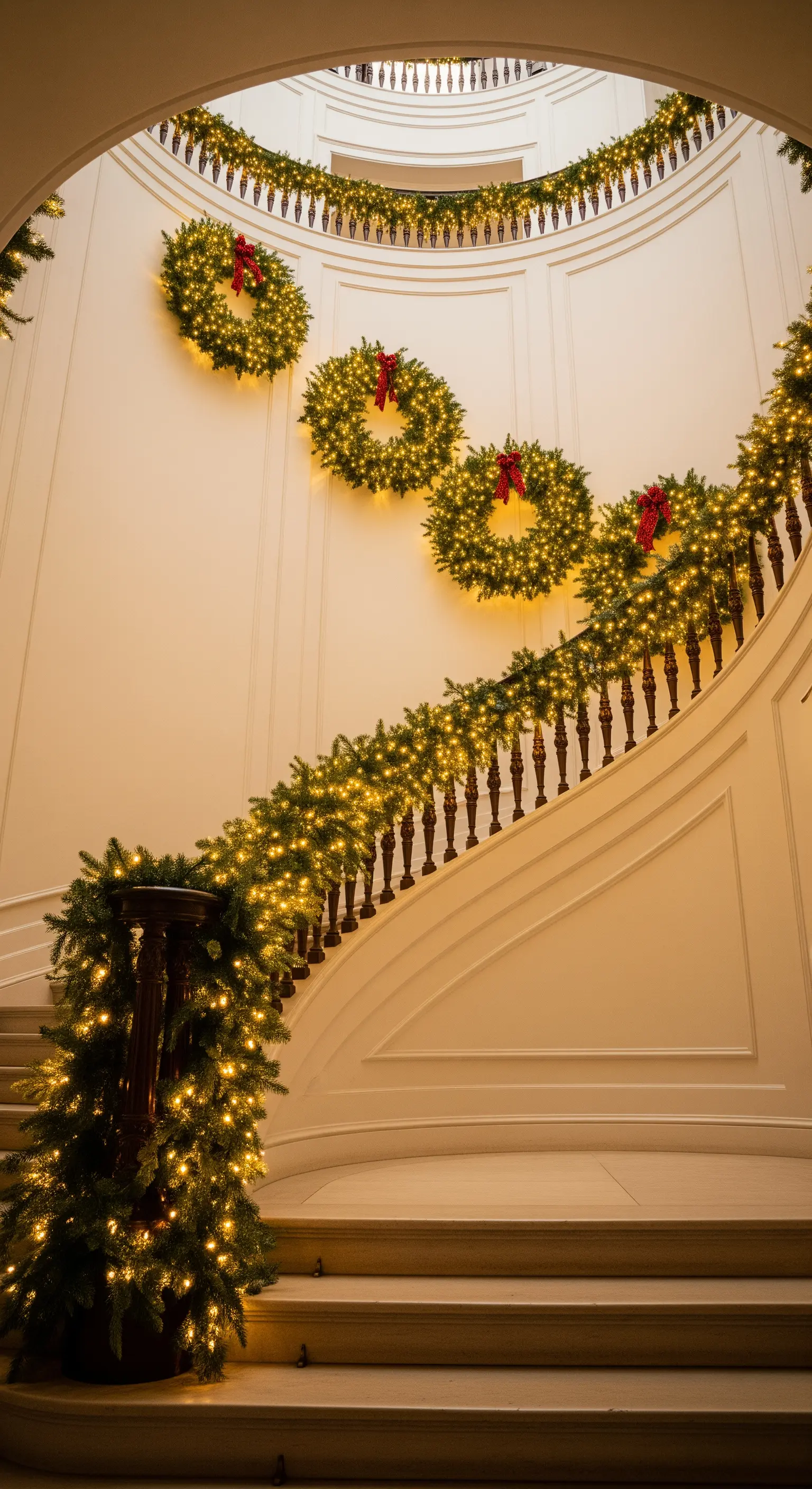 Mehrere Kränze entlang einer geschwungenen Treppe
