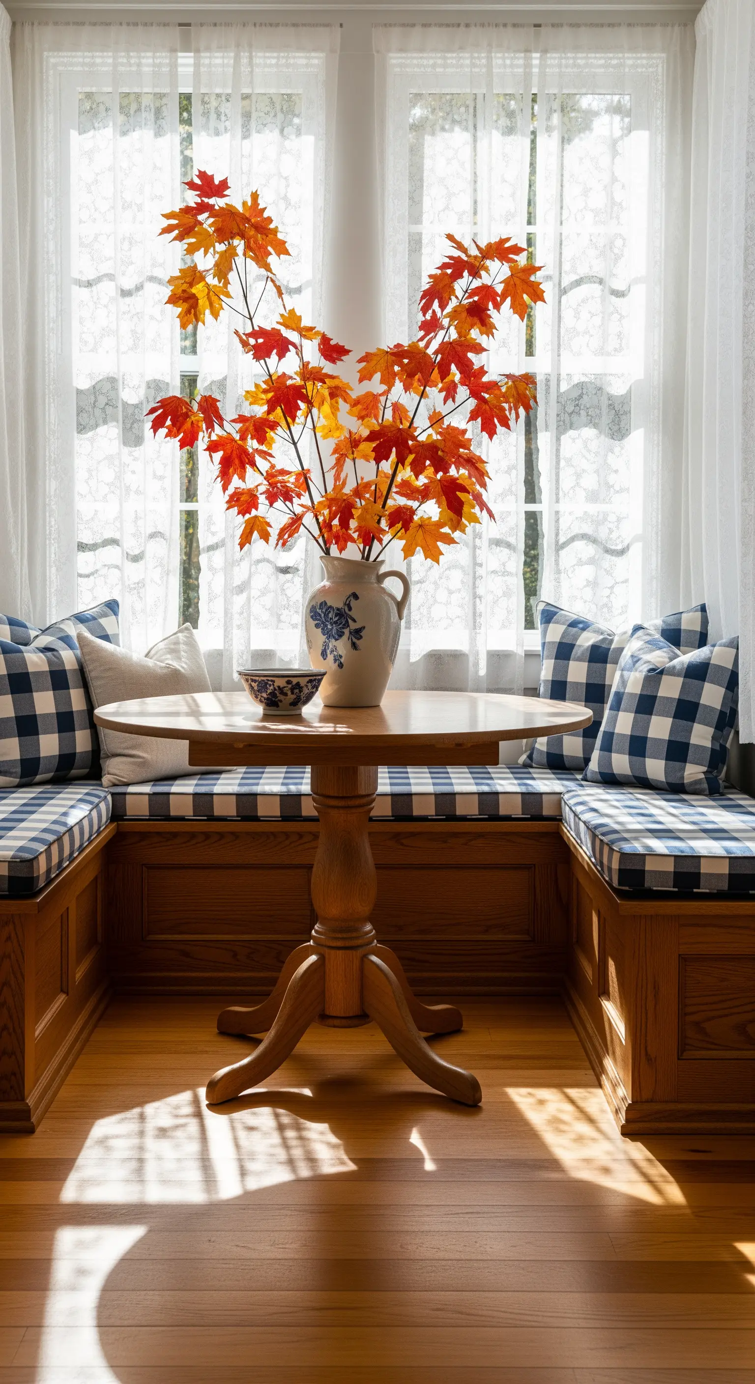 Frühstücksecke mit blauen Karokissen und großer Herbstlaub-Vase