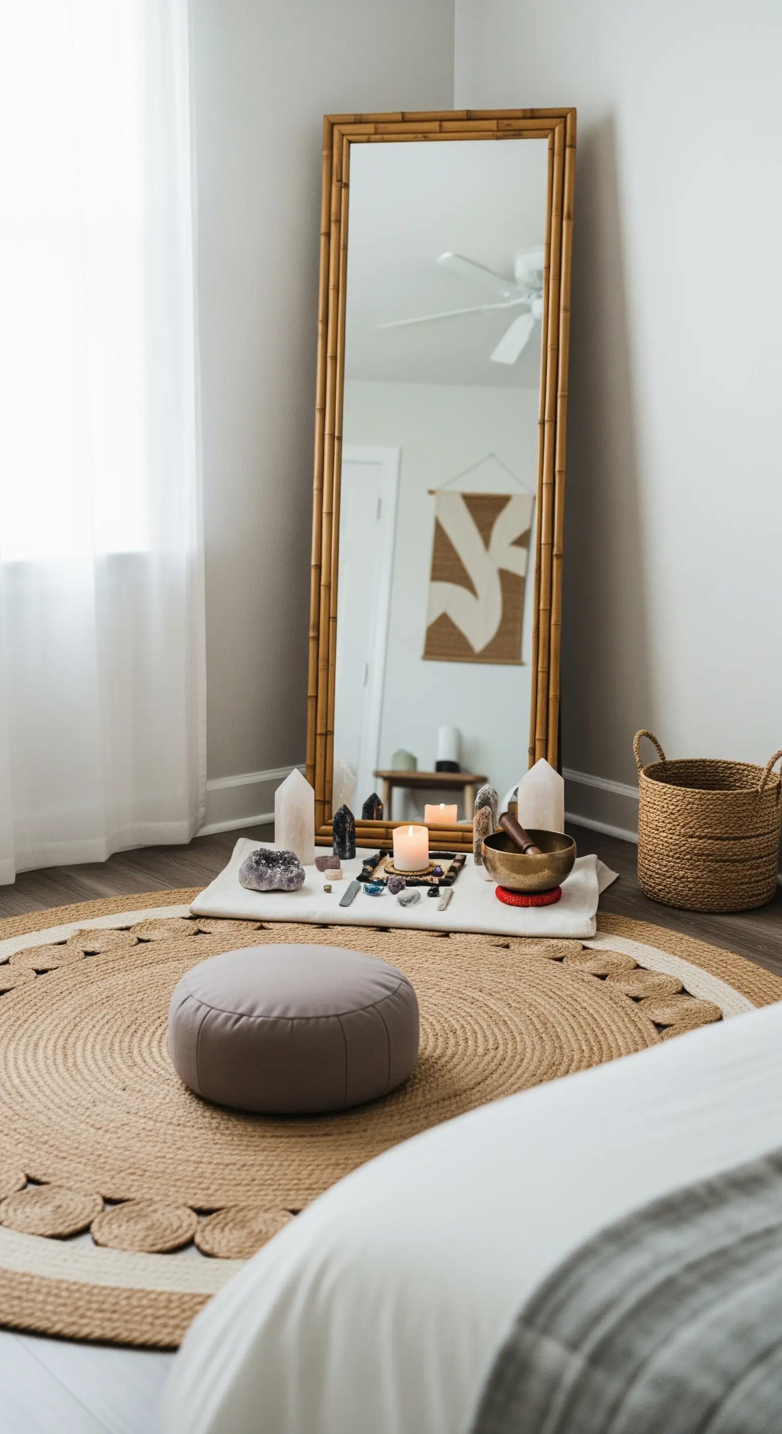 Meditationsecke mit Spiegel, Bodenkissen und Kristallen