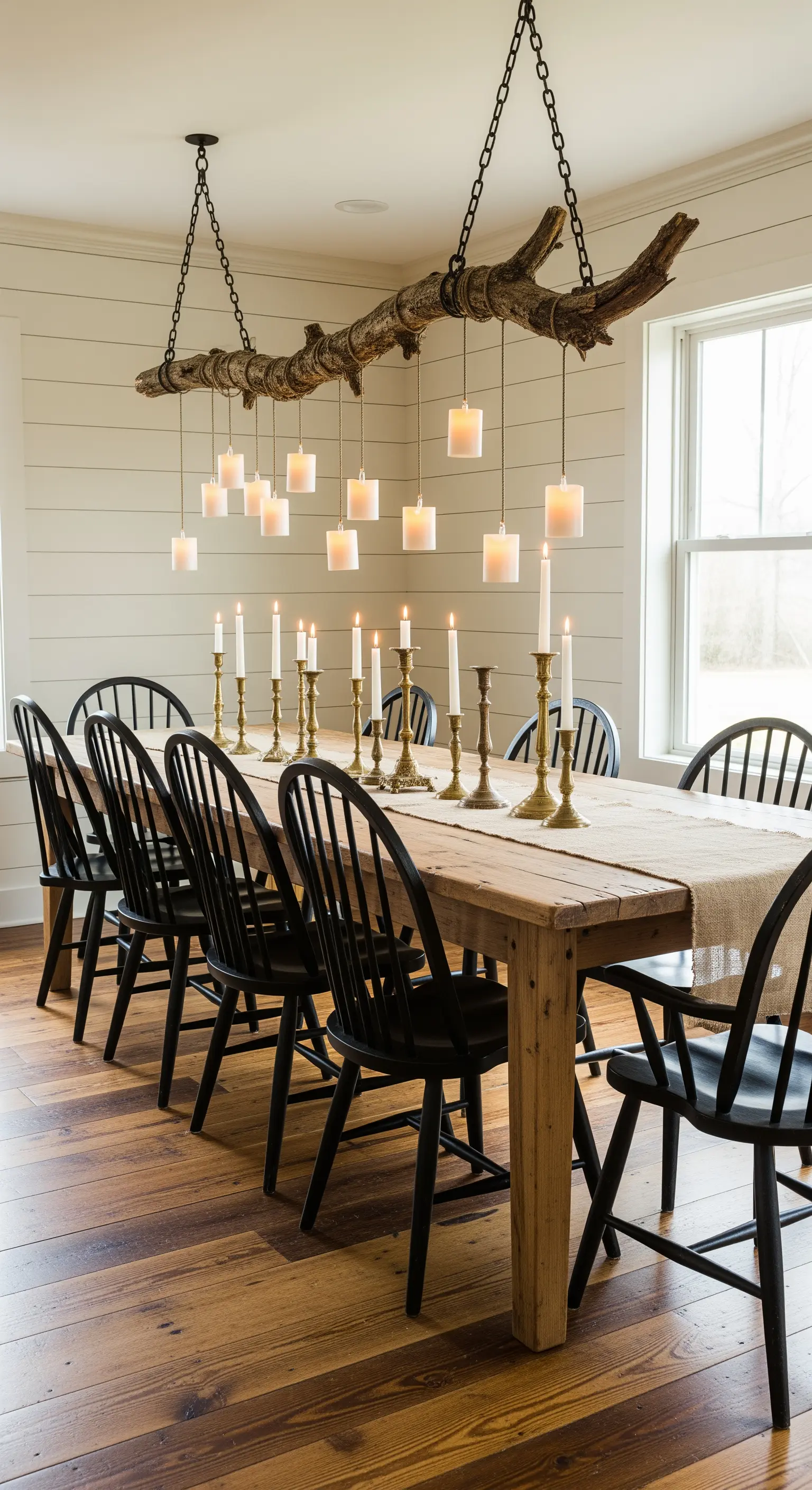 Großer Ast mit hängenden Kerzen über Esstisch