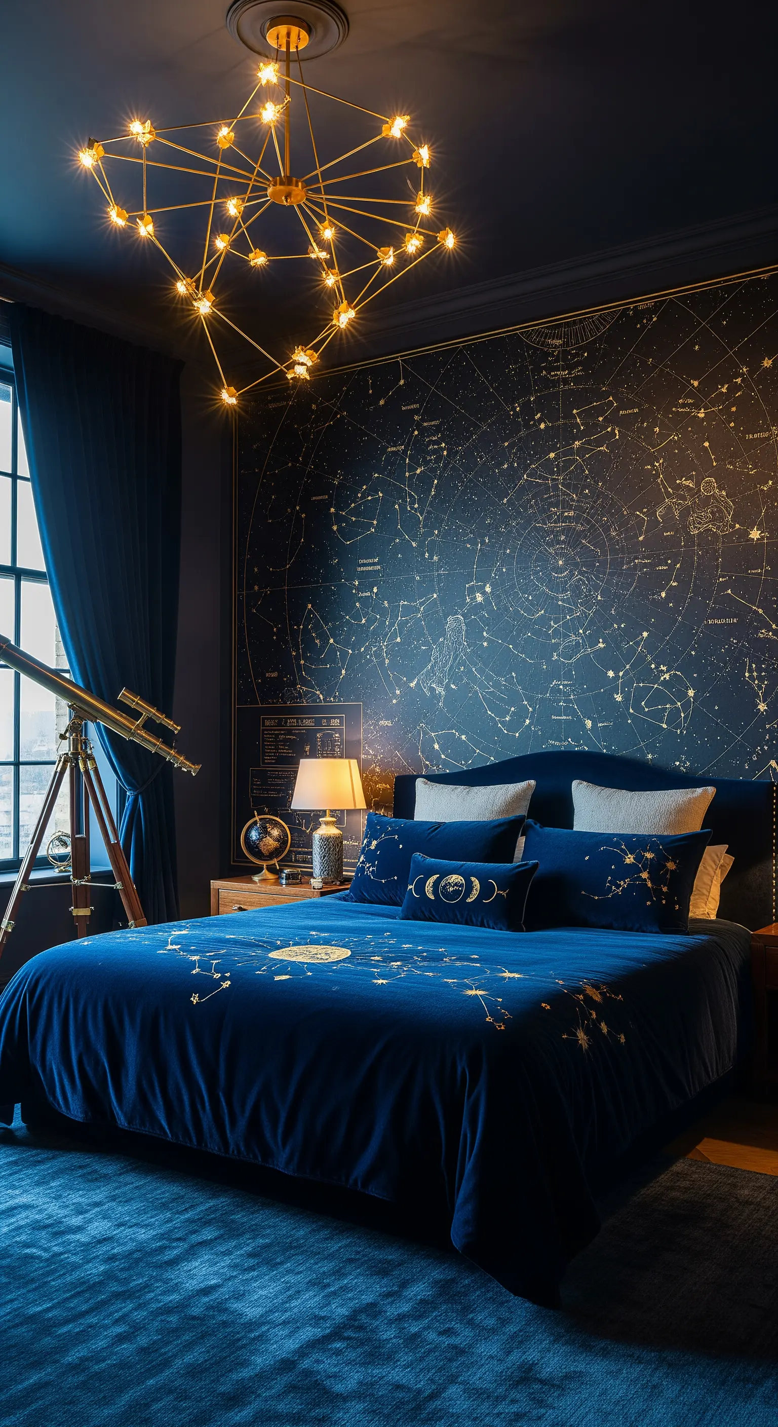 Dunkelblaues Bett mit Sternenkarte und Teleskop