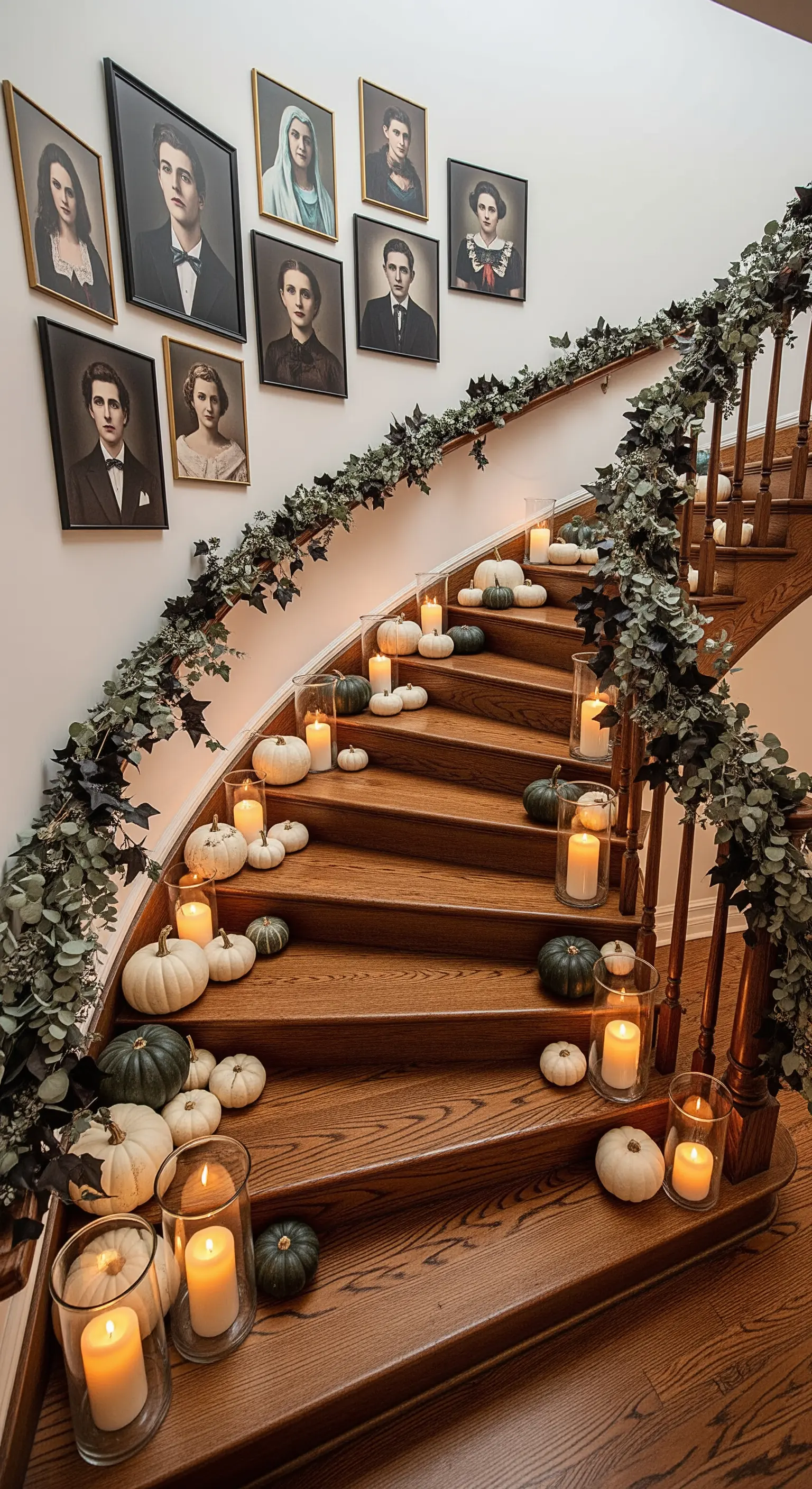 Treppenhaus mit Pflanzengirlande und Kerzen