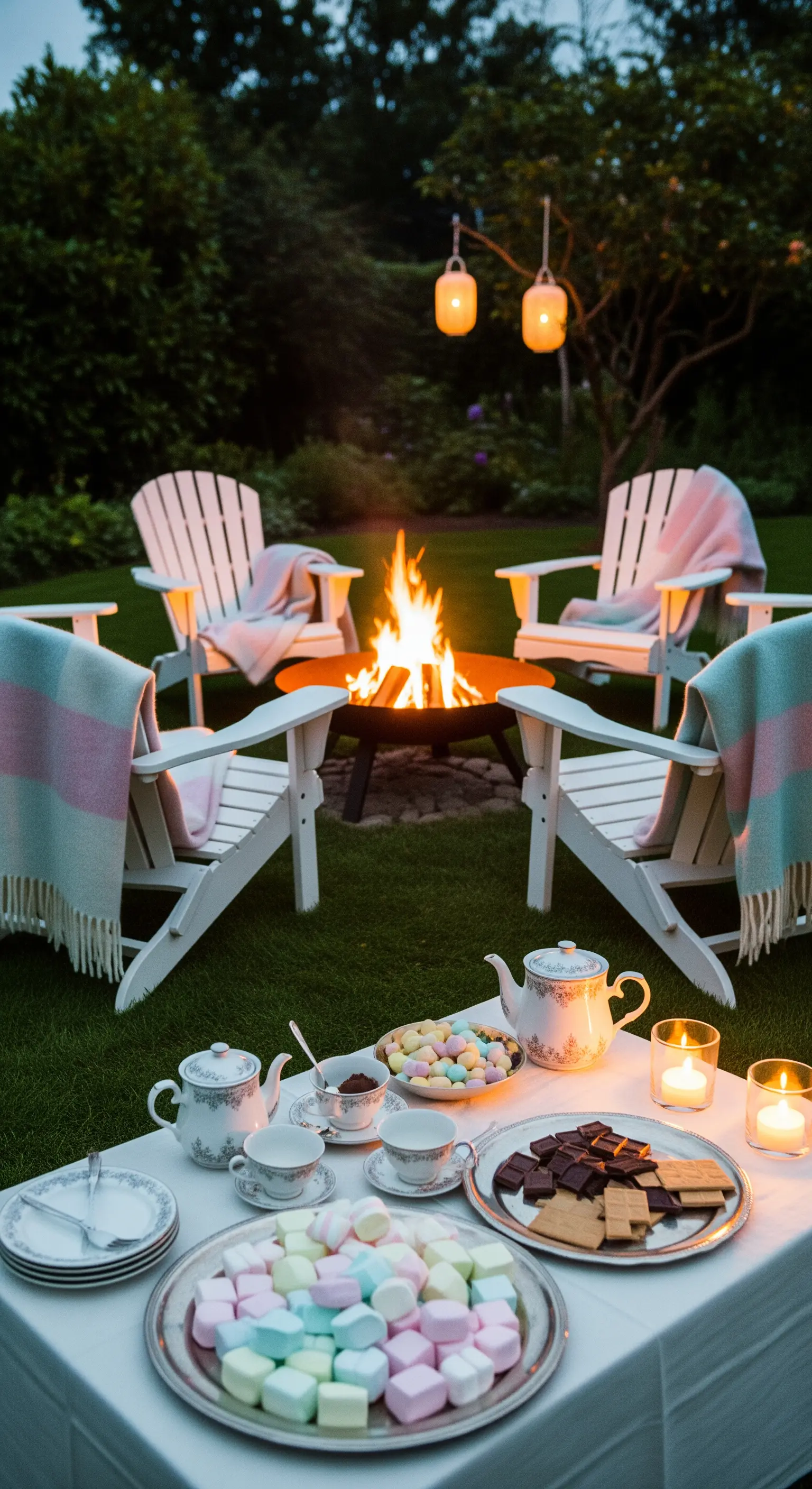 Feuerschale mit weißen Holzstühlen und Decken in der Dämmerung