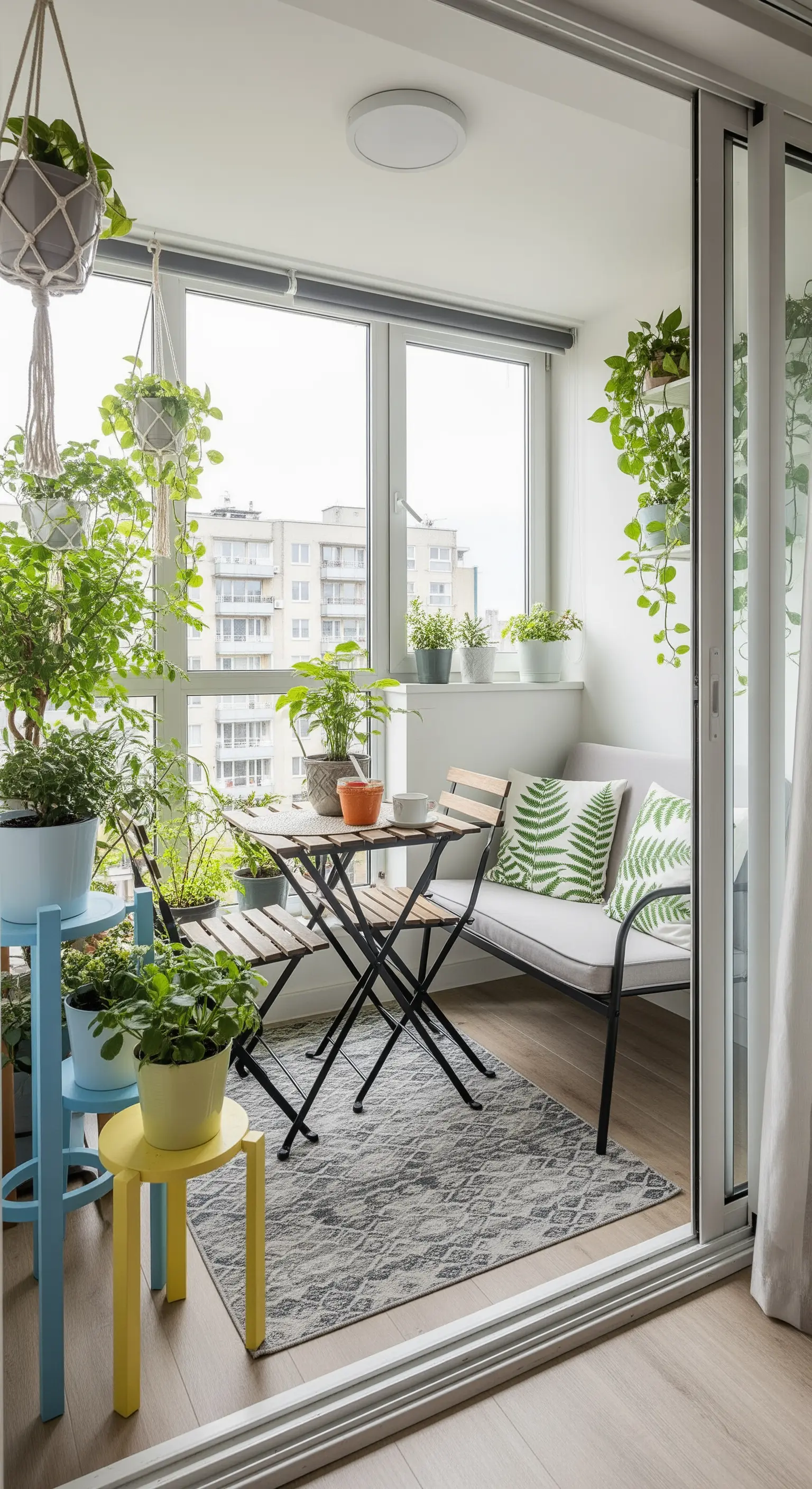 Verglaster Balkon mit Pflanzen, Teppich und Sitzgruppe