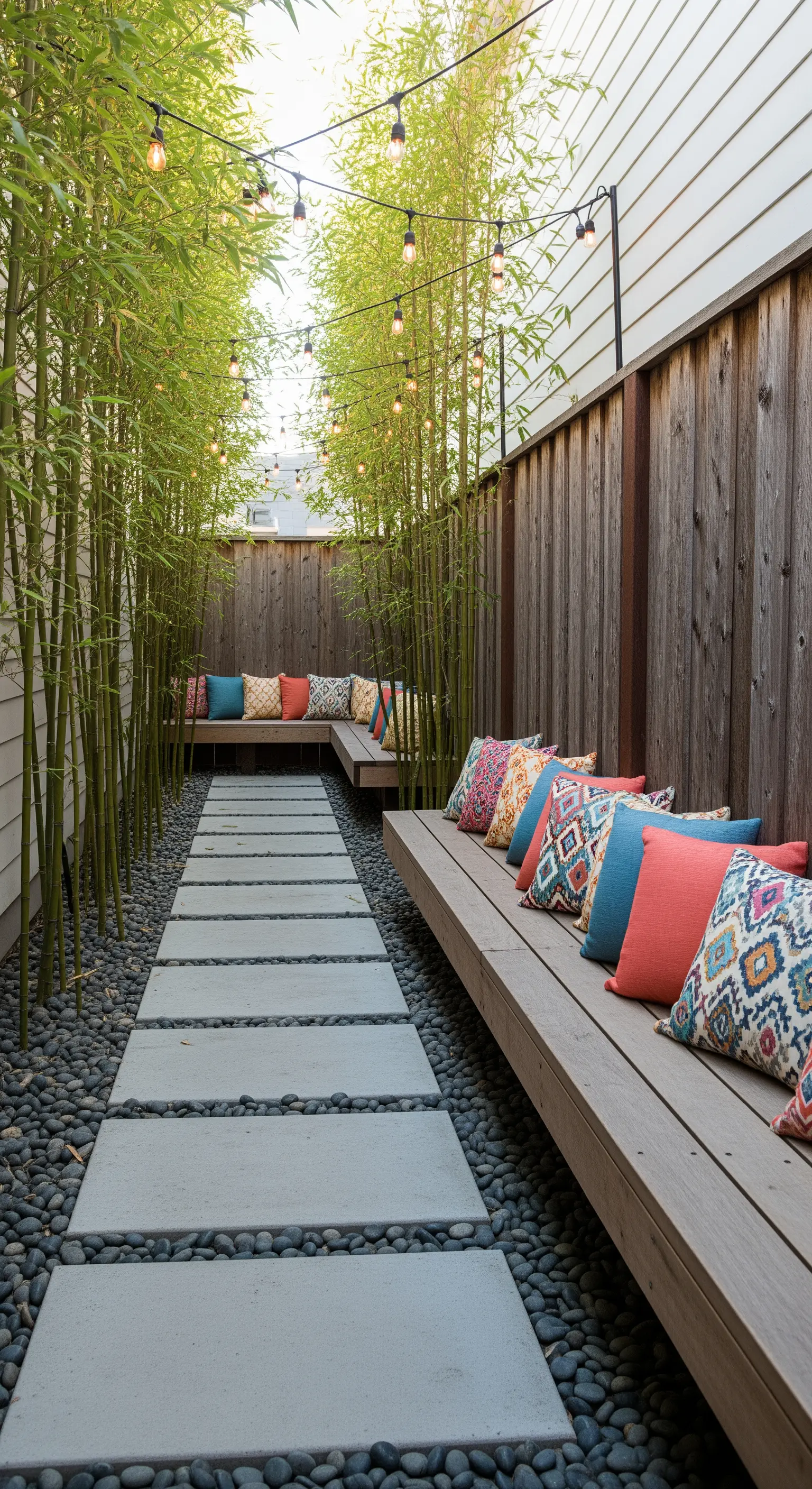 Schmaler Hof mit hohem Bambus und Sitzbank