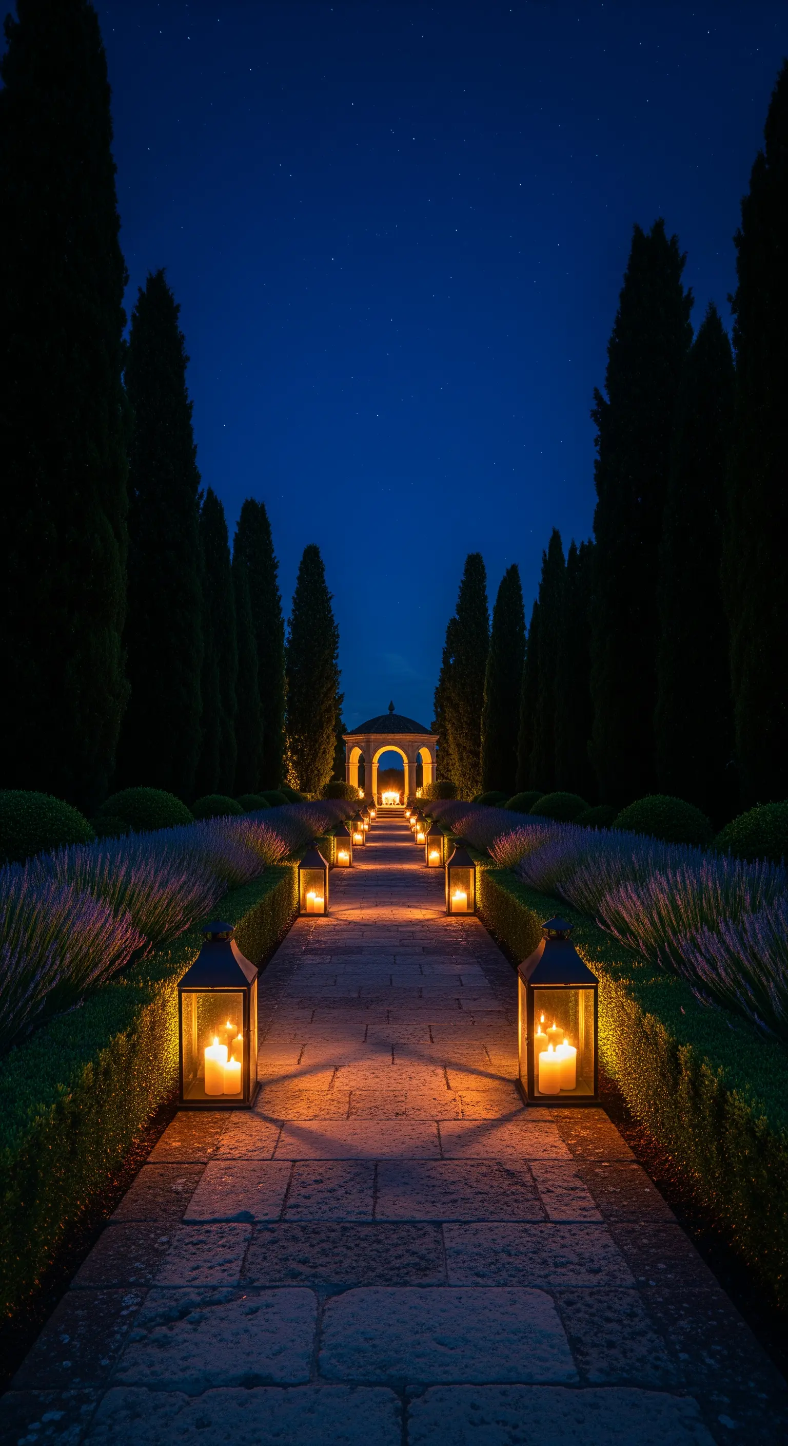 Symmetrischer Steinweg bei Nacht gesäumt von großen Bodenlaternen zum Pavillon