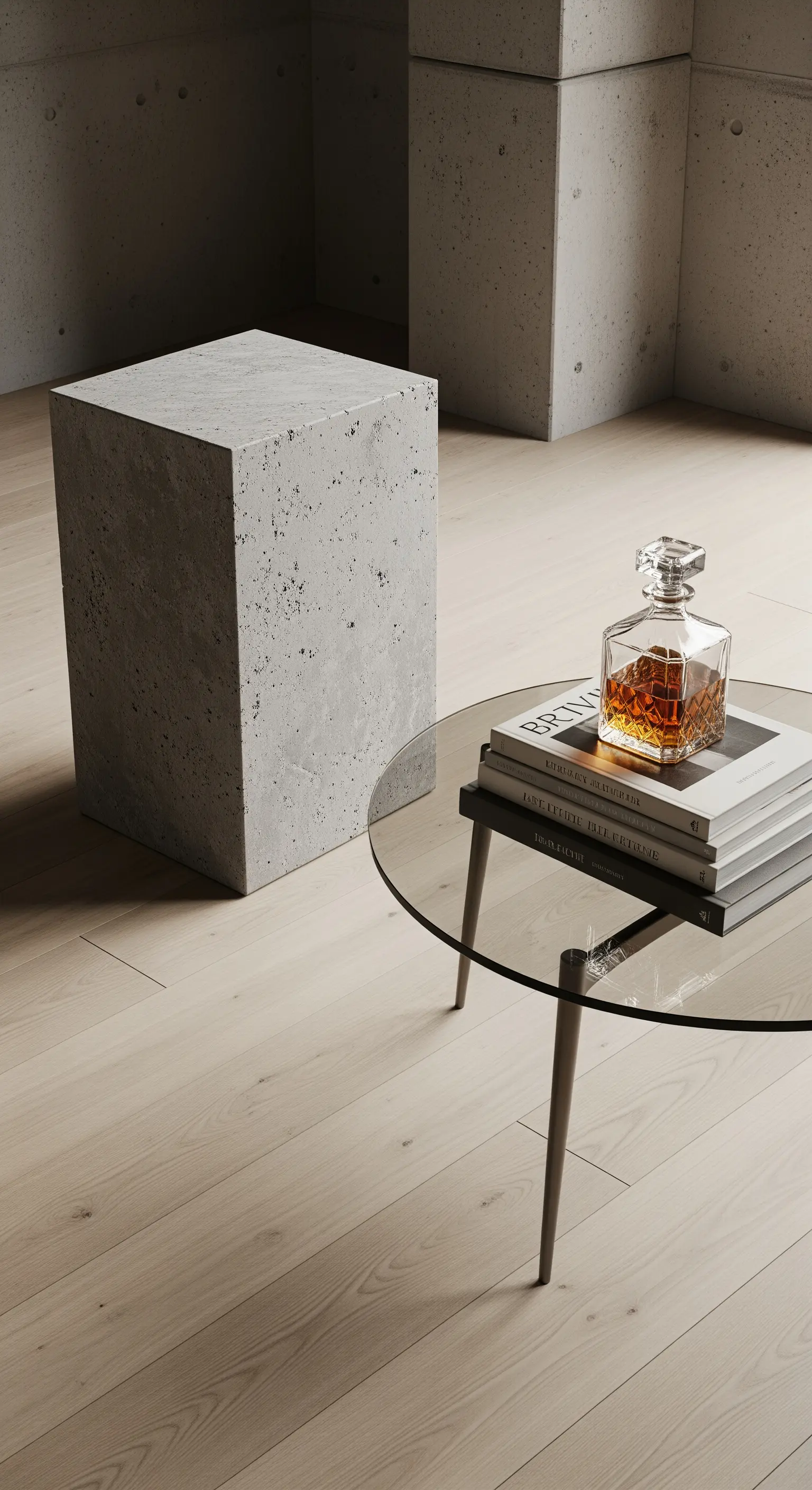 Betonkubus neben Glastisch mit Kristallkaraffe