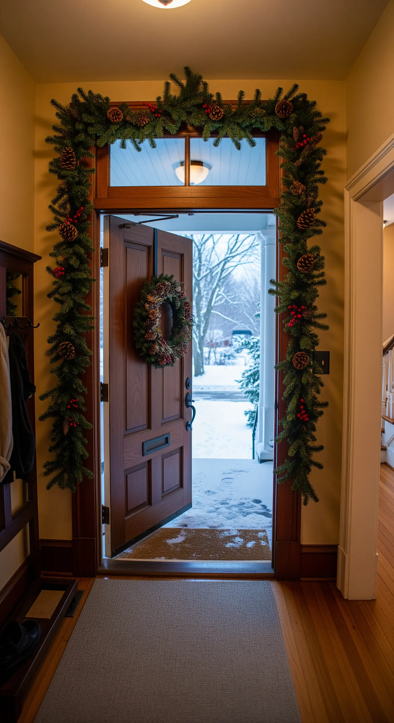 Offene Haustür mit Girlandenrahmen und Schneeblick