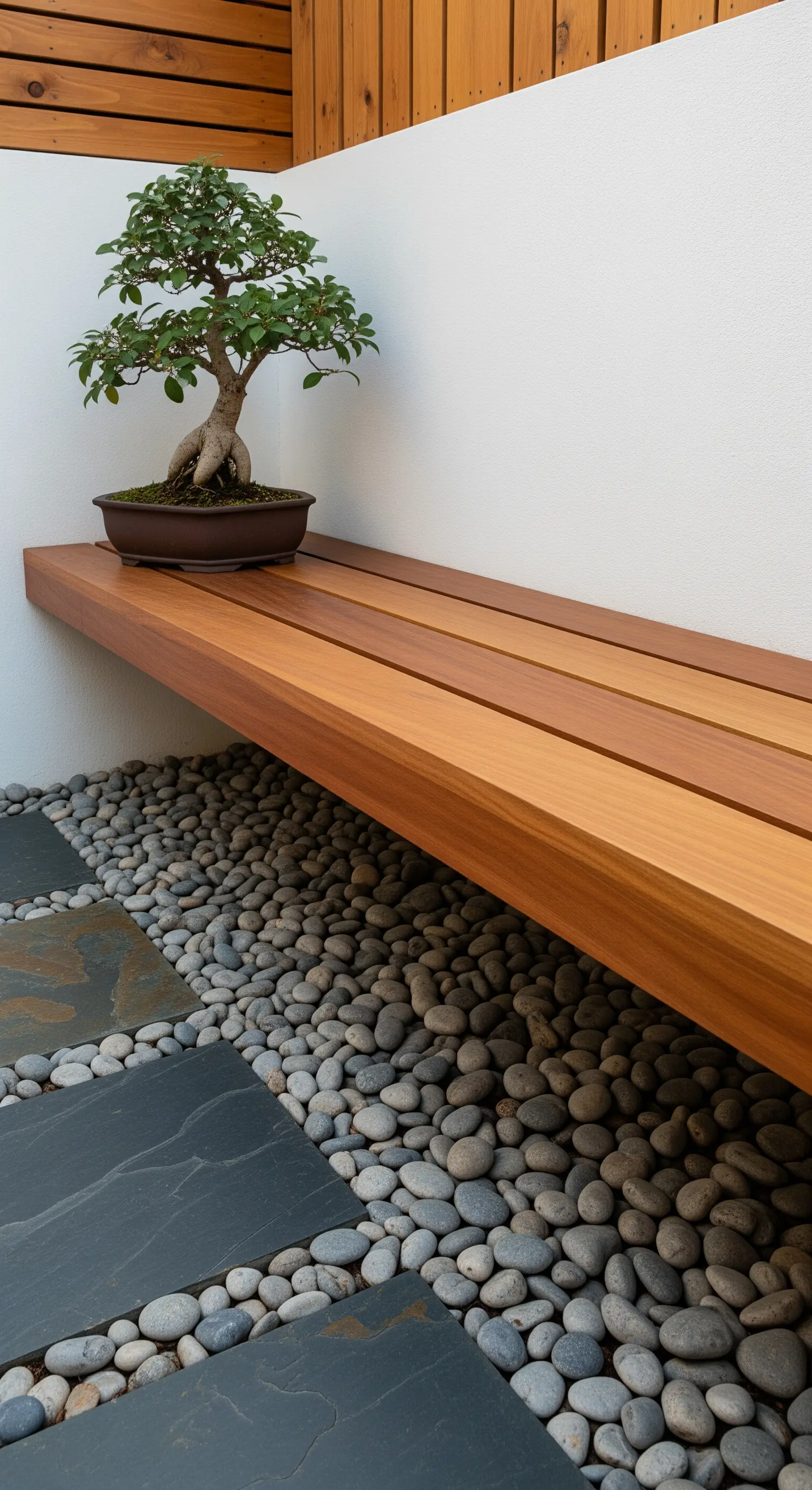 Bonsai Baum auf Holzbank vor weißer Wand