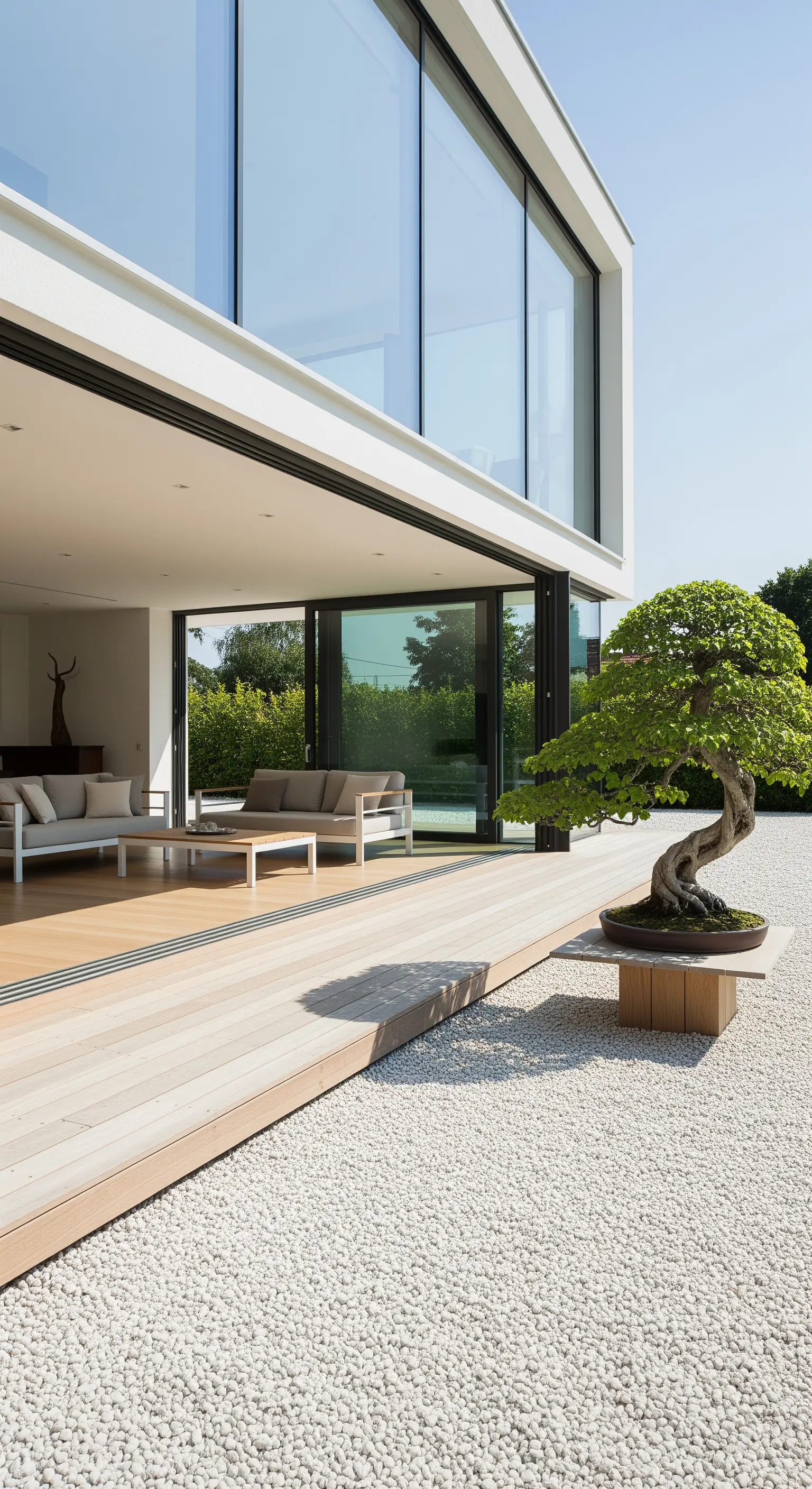 Großer Bonsai auf Holzpodest vor moderner Glasfassade