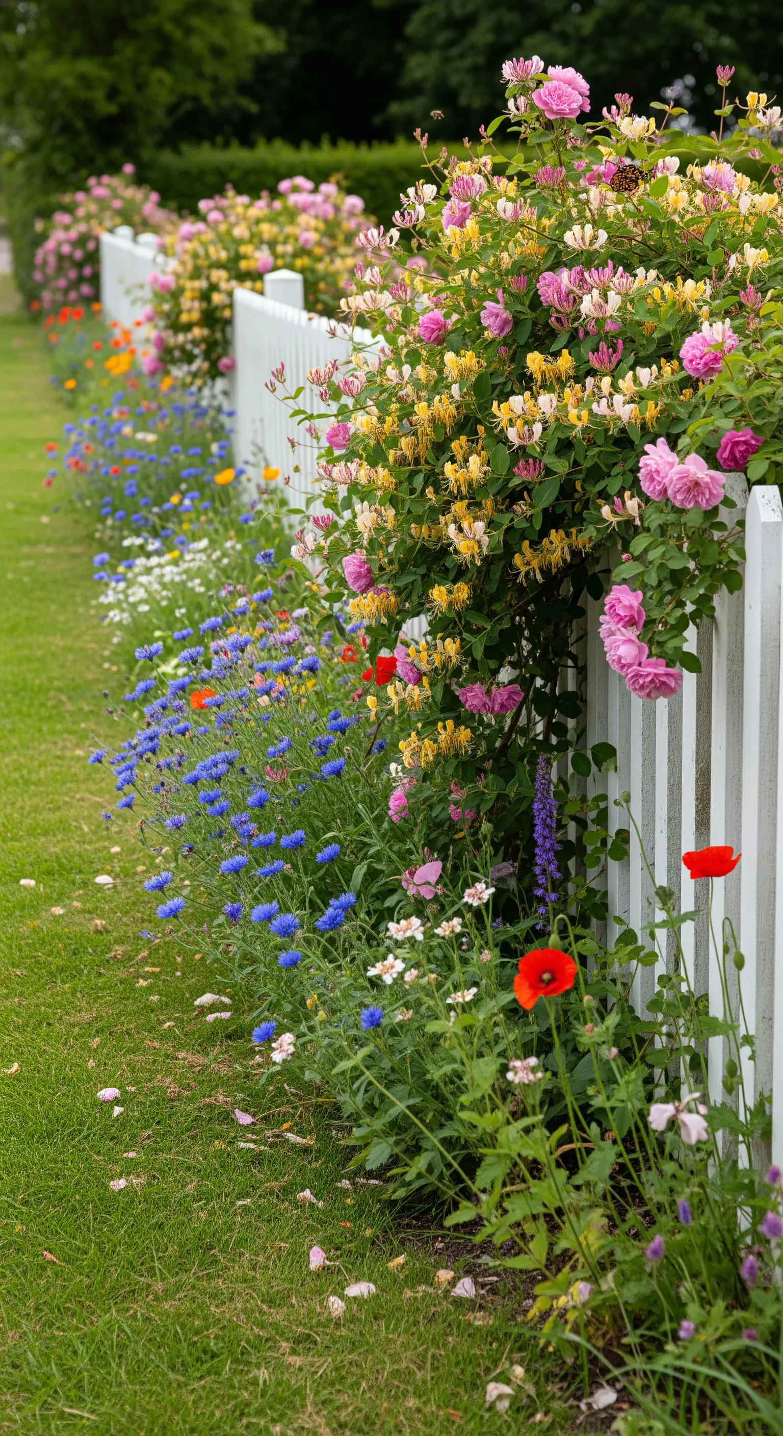 Weißer Lattenzaun überwuchert von Geißblatt und bunten Wildblumen