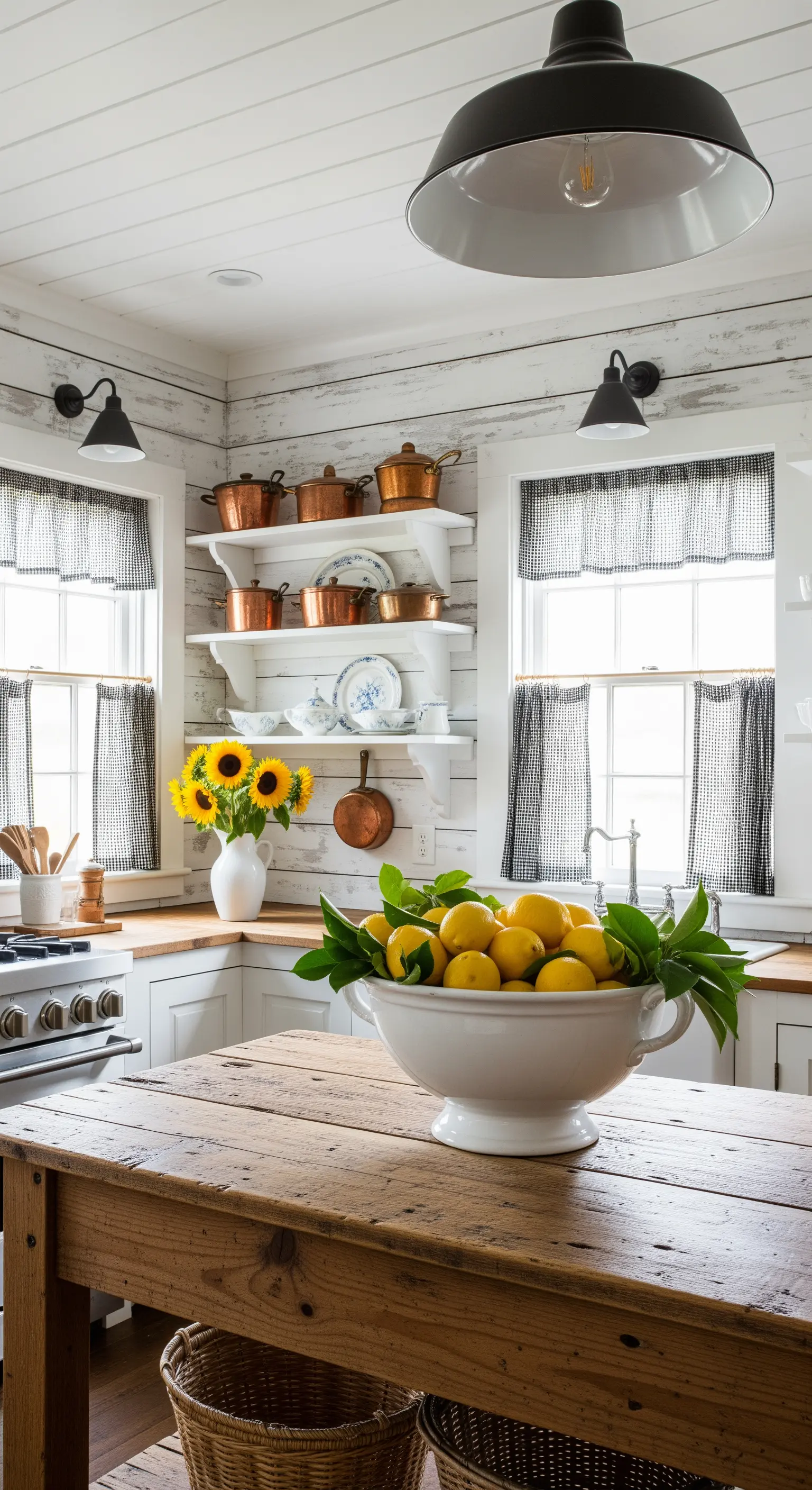 Rustikale Farmhouse Küche mit Kupfer Töpfen und Zitronenschale