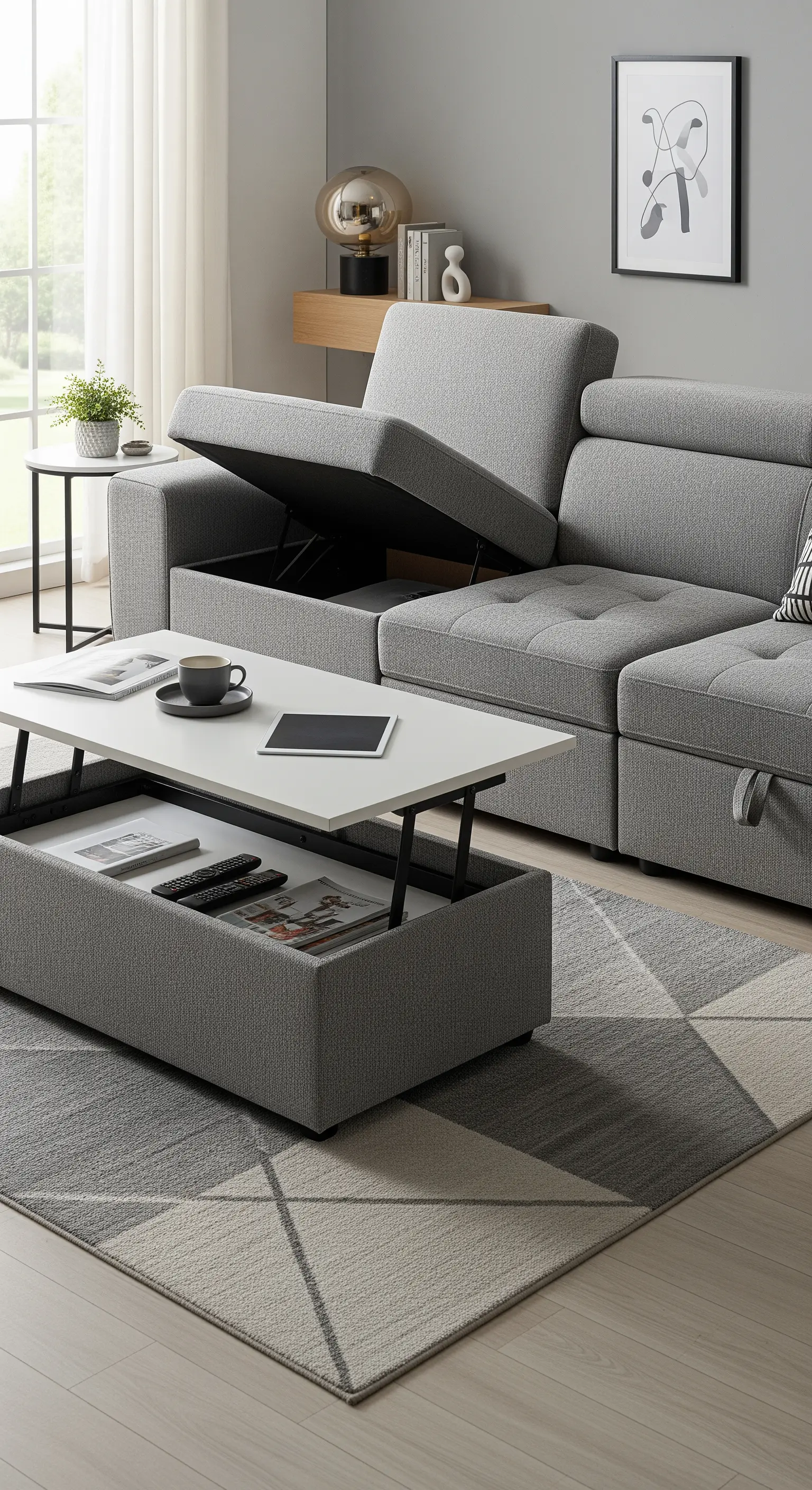 Grauer Couchtisch mit anhebbarer Platte vor passendem Sofa