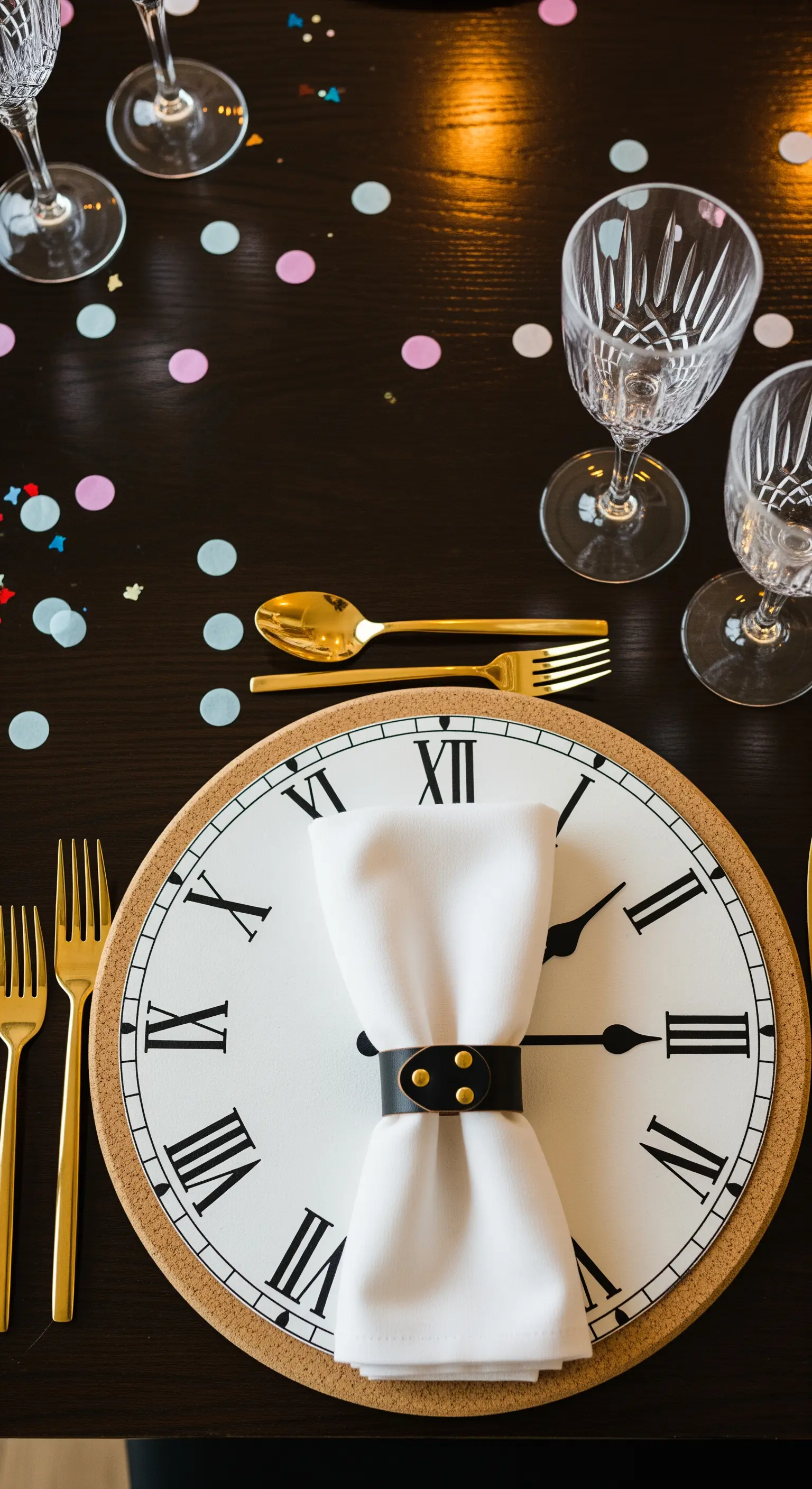 Telleruntersetzer mit Uhrenmotiv und Leder-Serviettenring