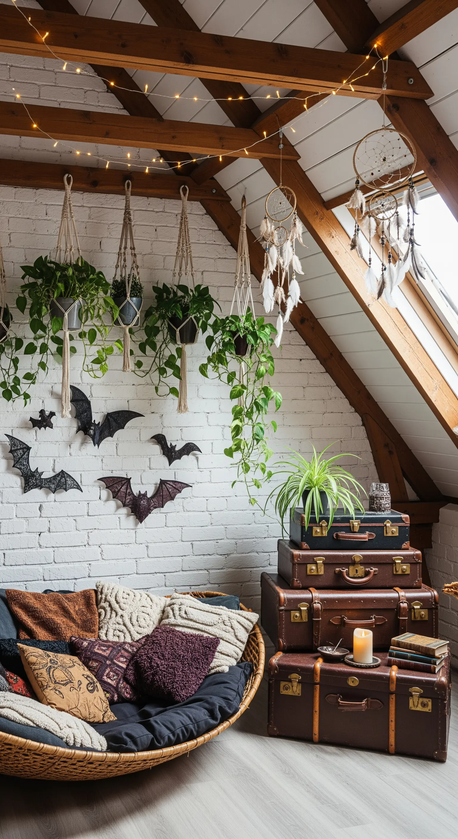 Wand mit Papierfledermäusen und Hängepflanzen