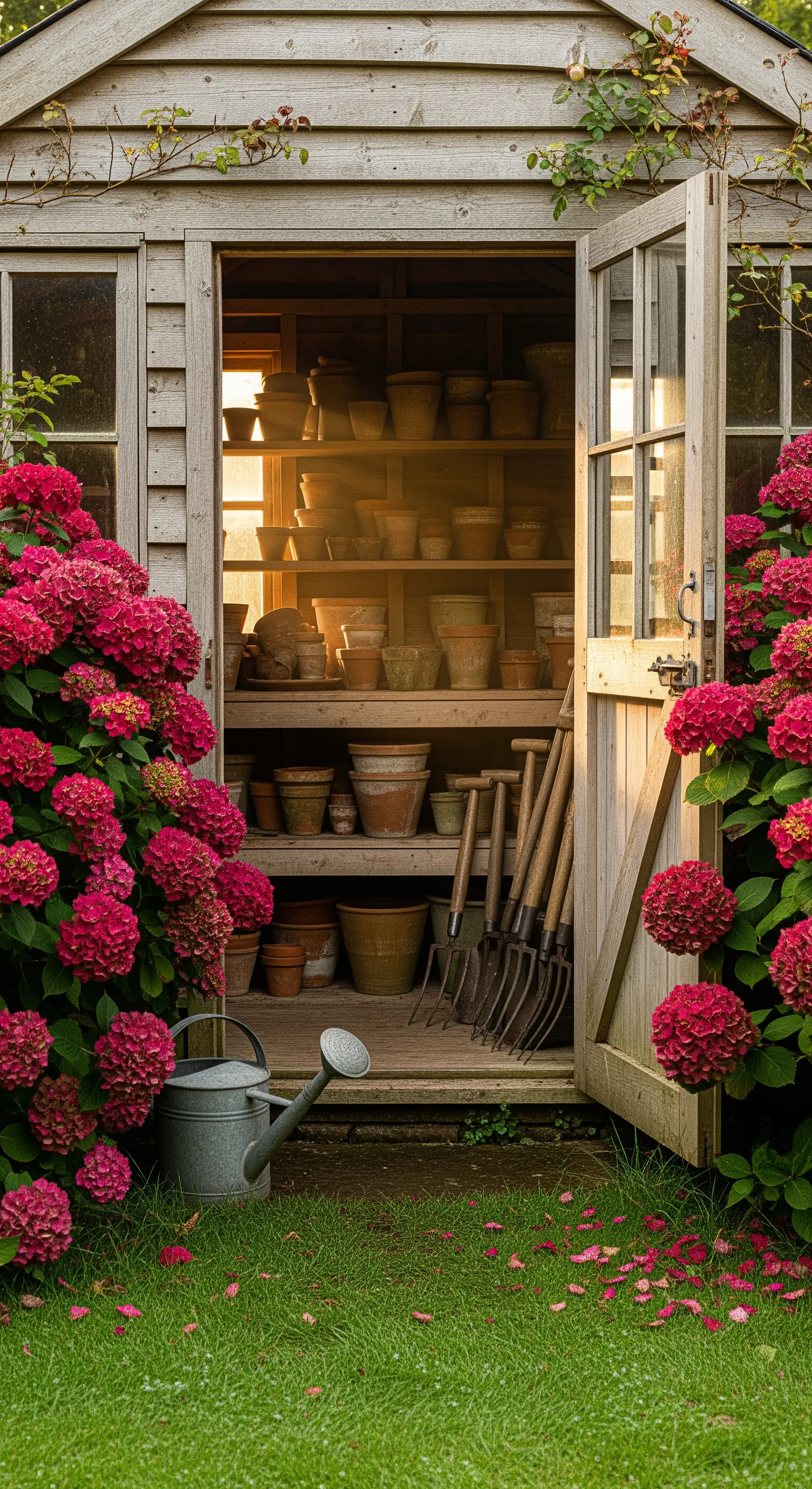 Offener Holzschuppen mit Töpfen und pinken Hortensien