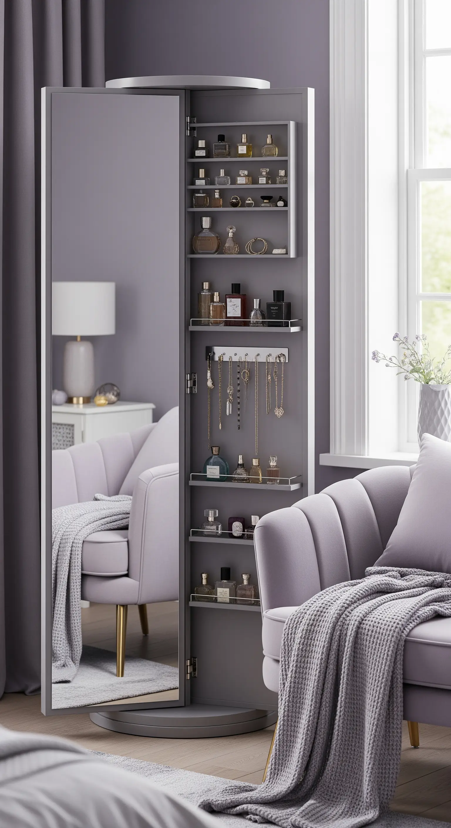 Drehbarer Spiegel mit rückseitigen Regalen