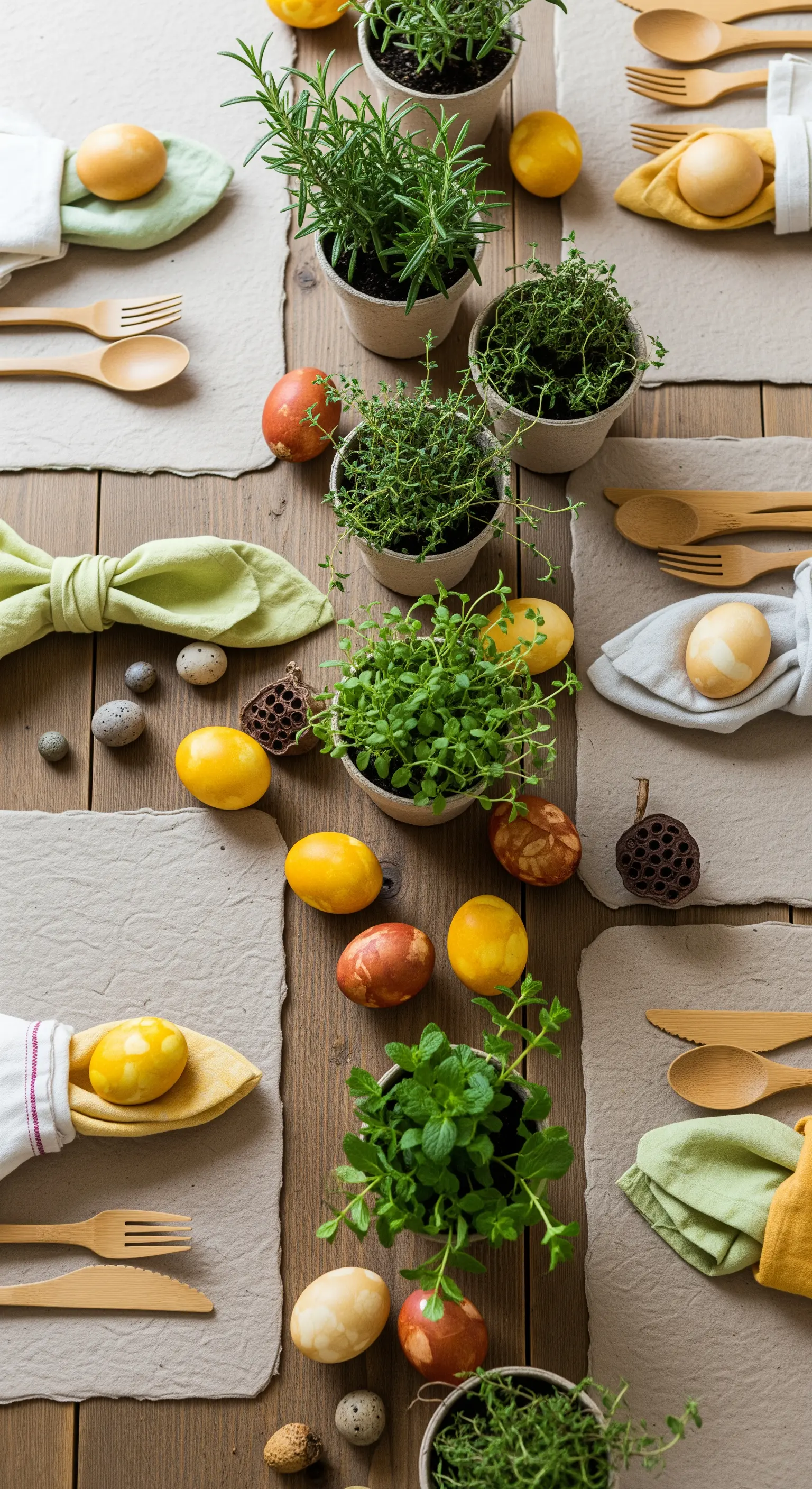 Tischdeko aus vielen kleinen Kräutertöpfen, Holzbesteck und Leinenservietten