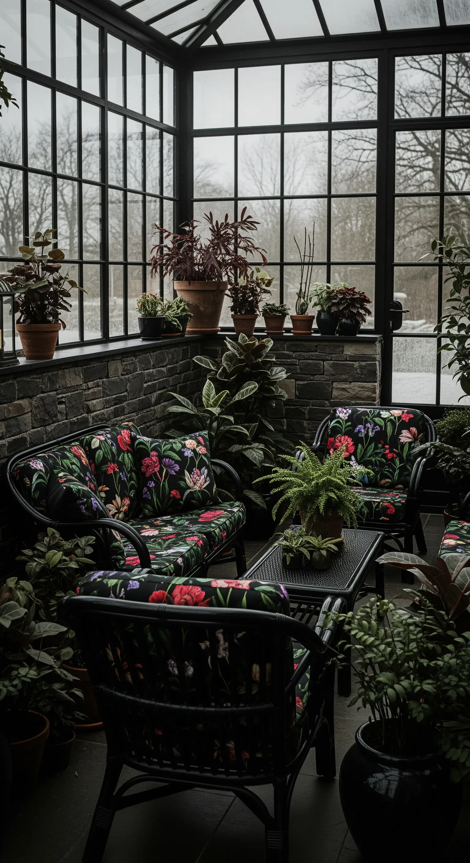 Wintergarten mit schwarzen Fensterrahmen und floralen Polstermöbeln