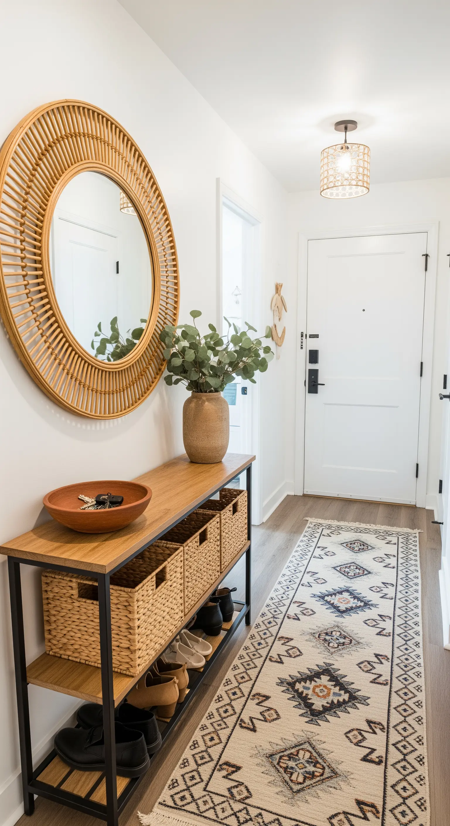 Flur mit Rattan-Spiegel und schmaler Konsole