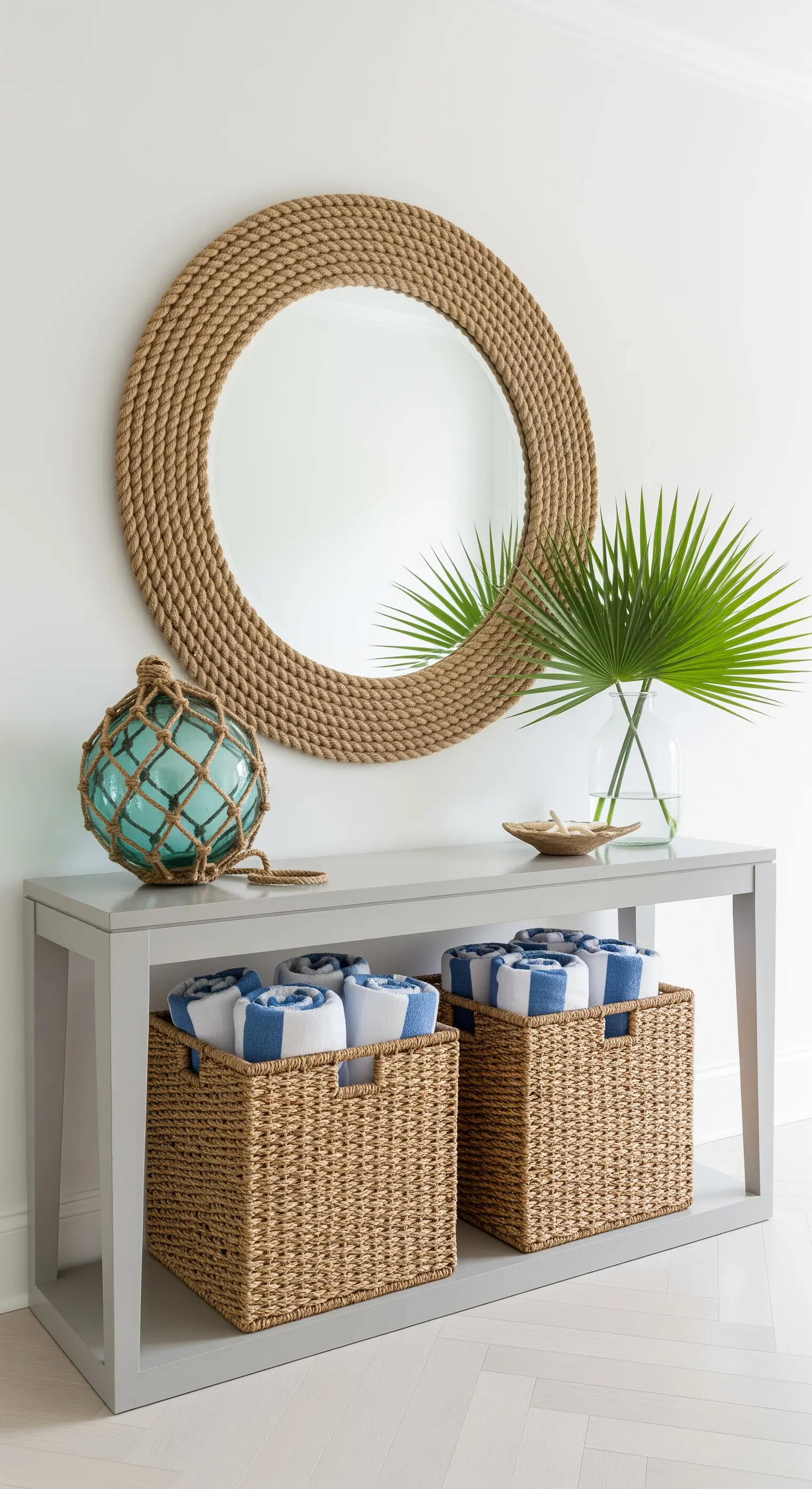 Konsole mit Tauspiegel und geflochtenen Körben