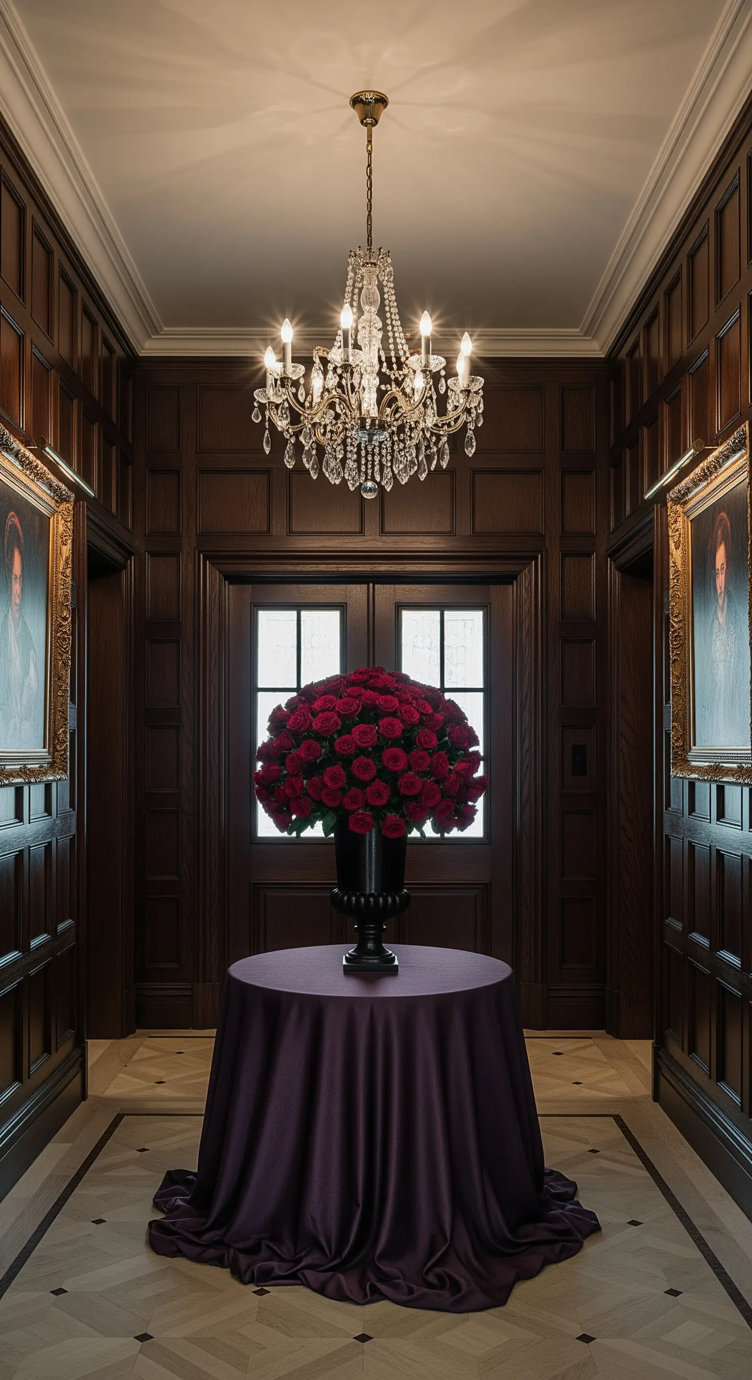 Eingangshalle mit Holzvertäfelung und großem Rosenstrauß