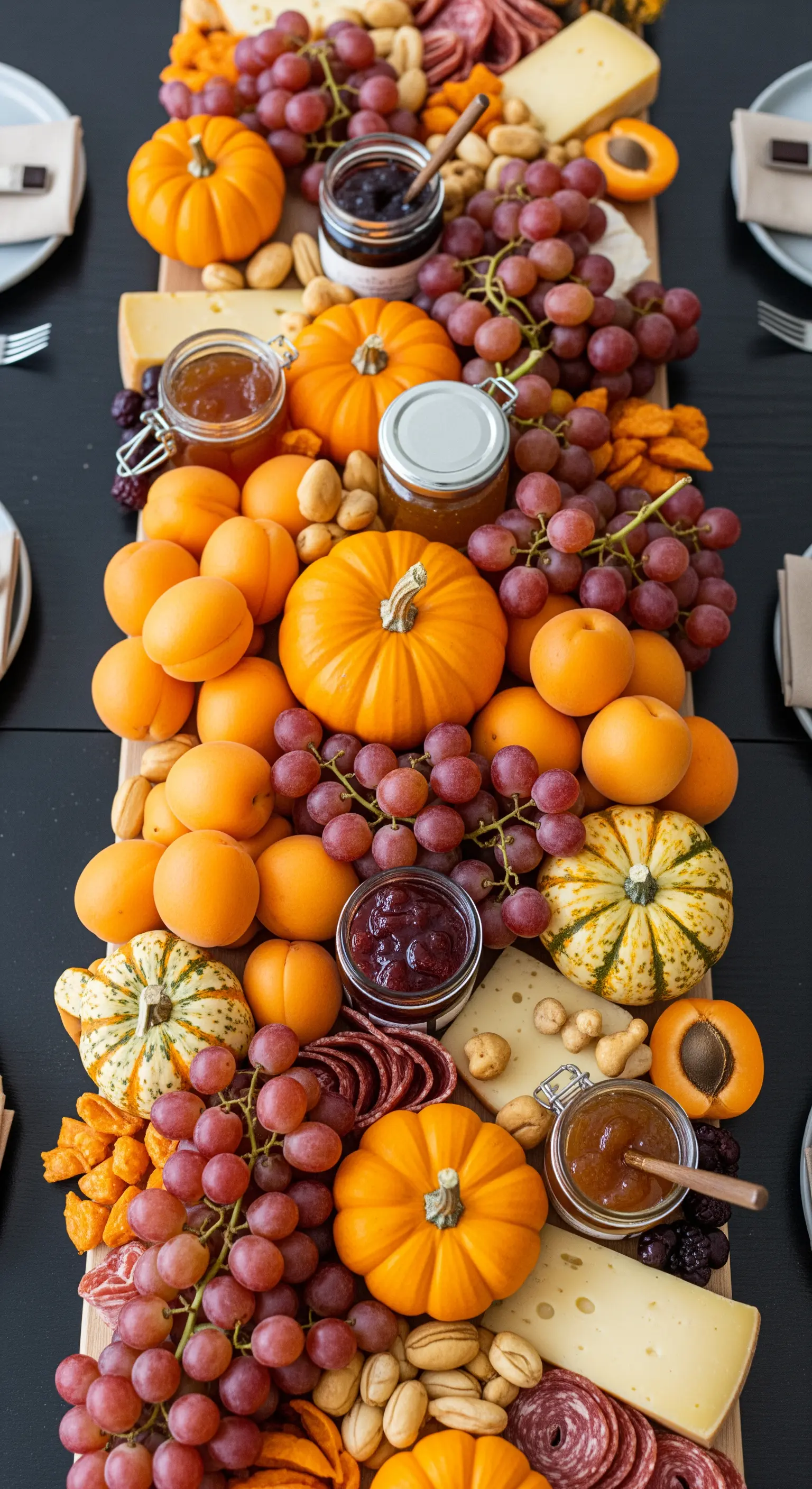 Langes Charcuterie-Board mit Kürbissen und Snacks