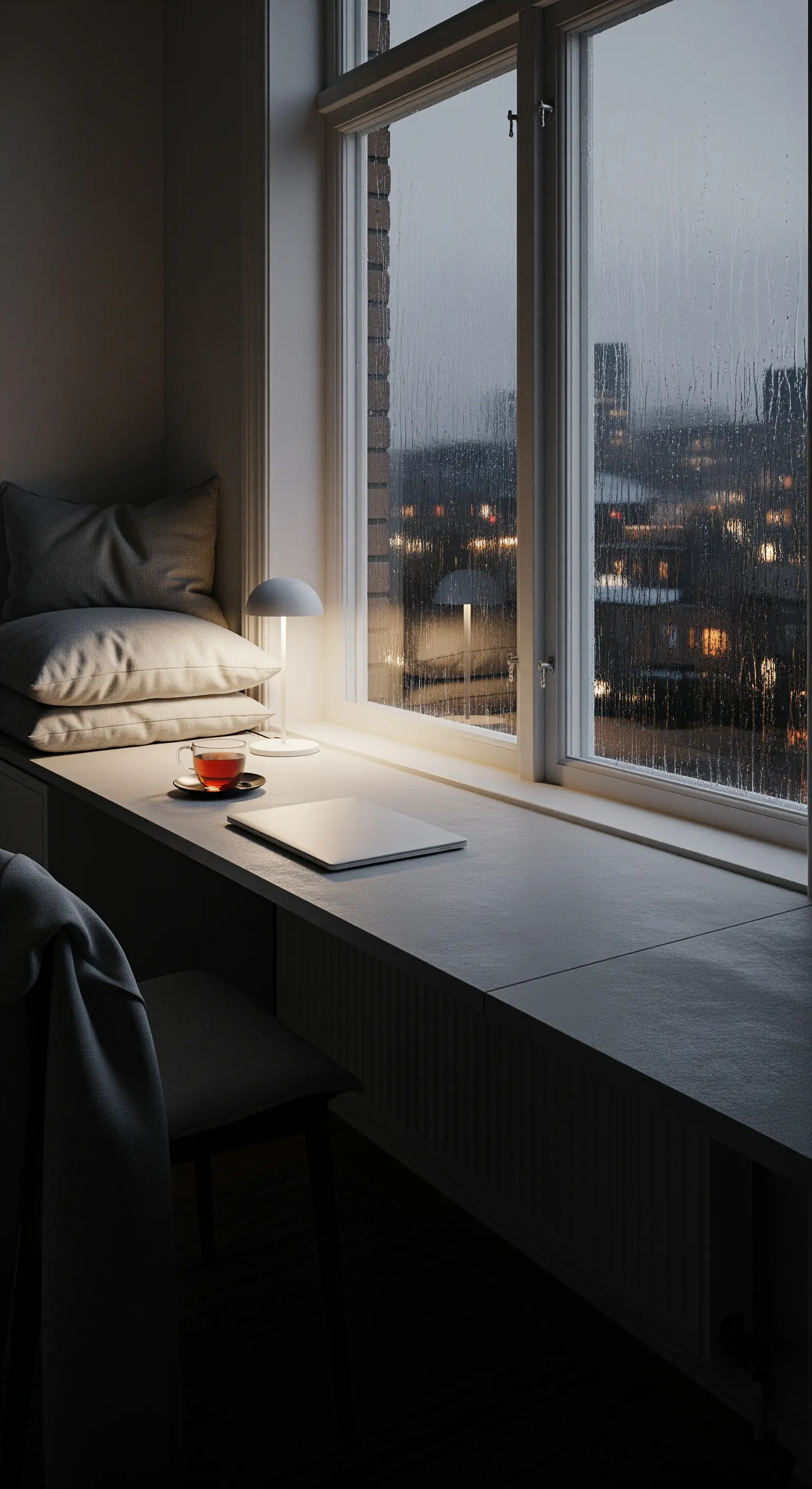 Graue Arbeitsplatte am Fenster mit Blick auf Regenstadt