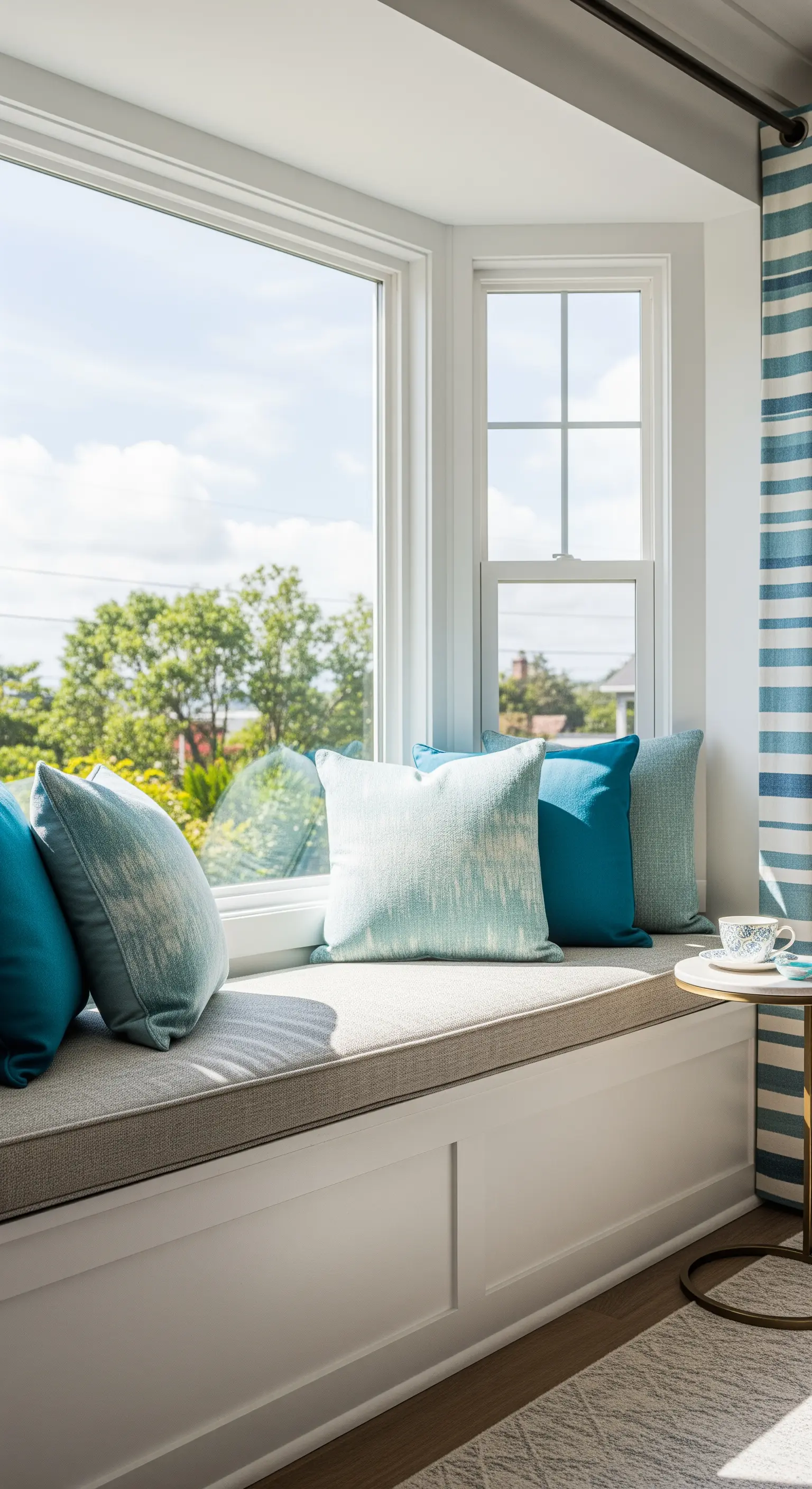 Fenstersitzbank im Erker mit blauen Kissen und gestreiften Vorhängen