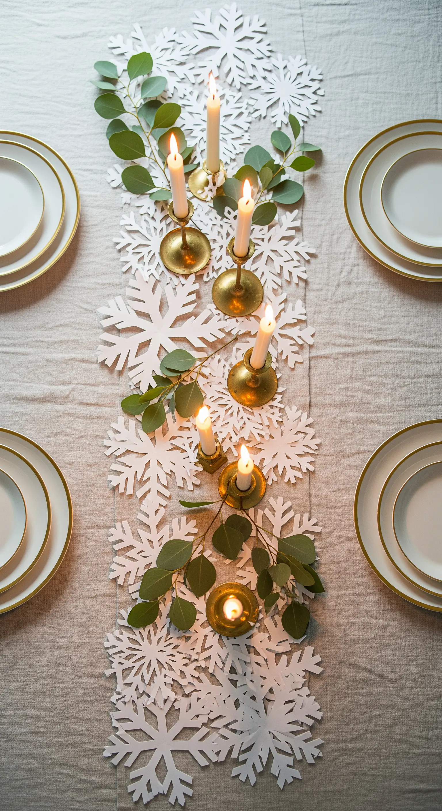 Draufsicht auf einen Tischläufer mit flach liegenden Papier-Schneeflocken, Kerzenständern und Grünzweigen.
