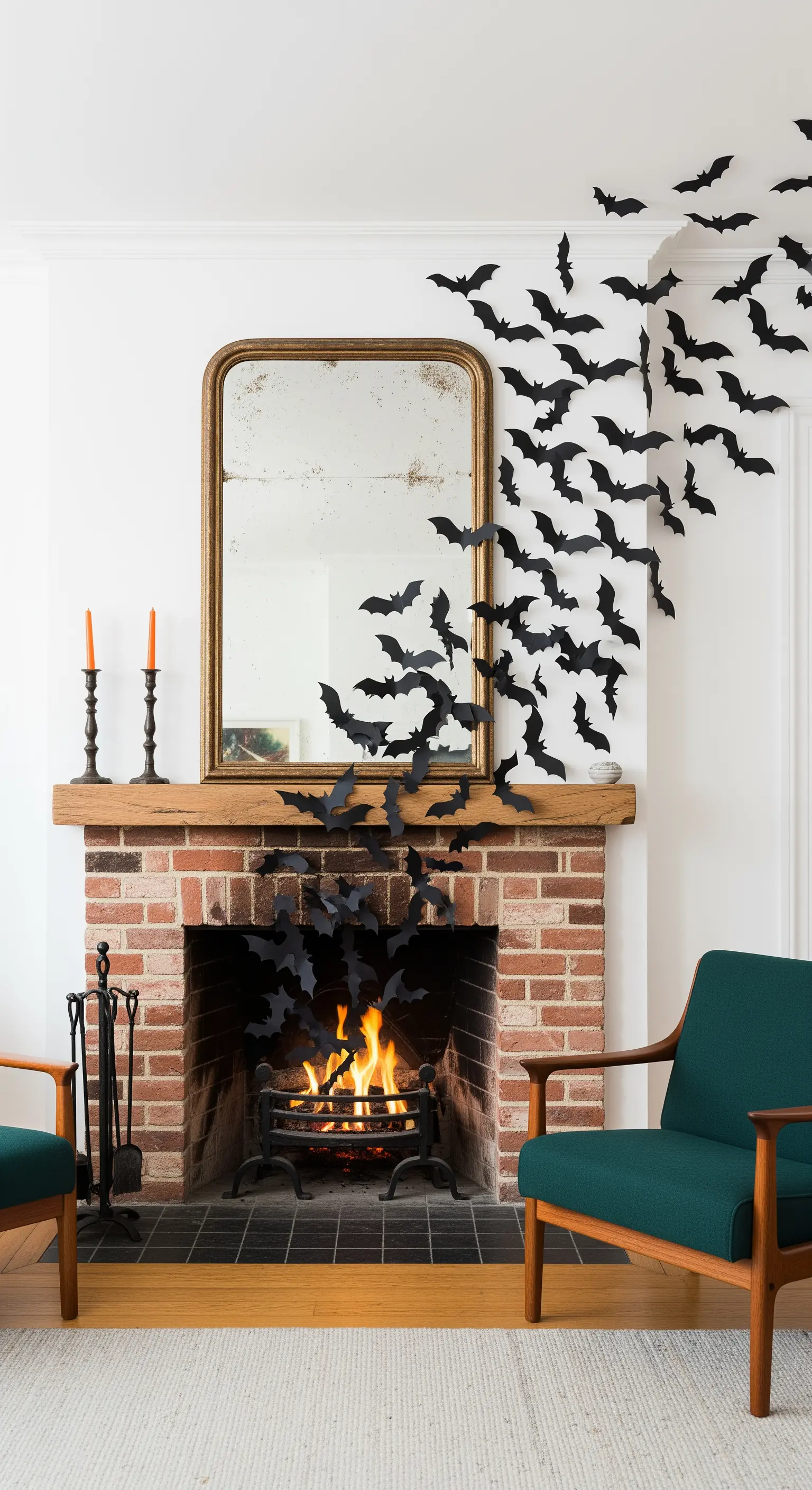 Kamin mit Schwarm aus Papierfledermäusen an der Wand