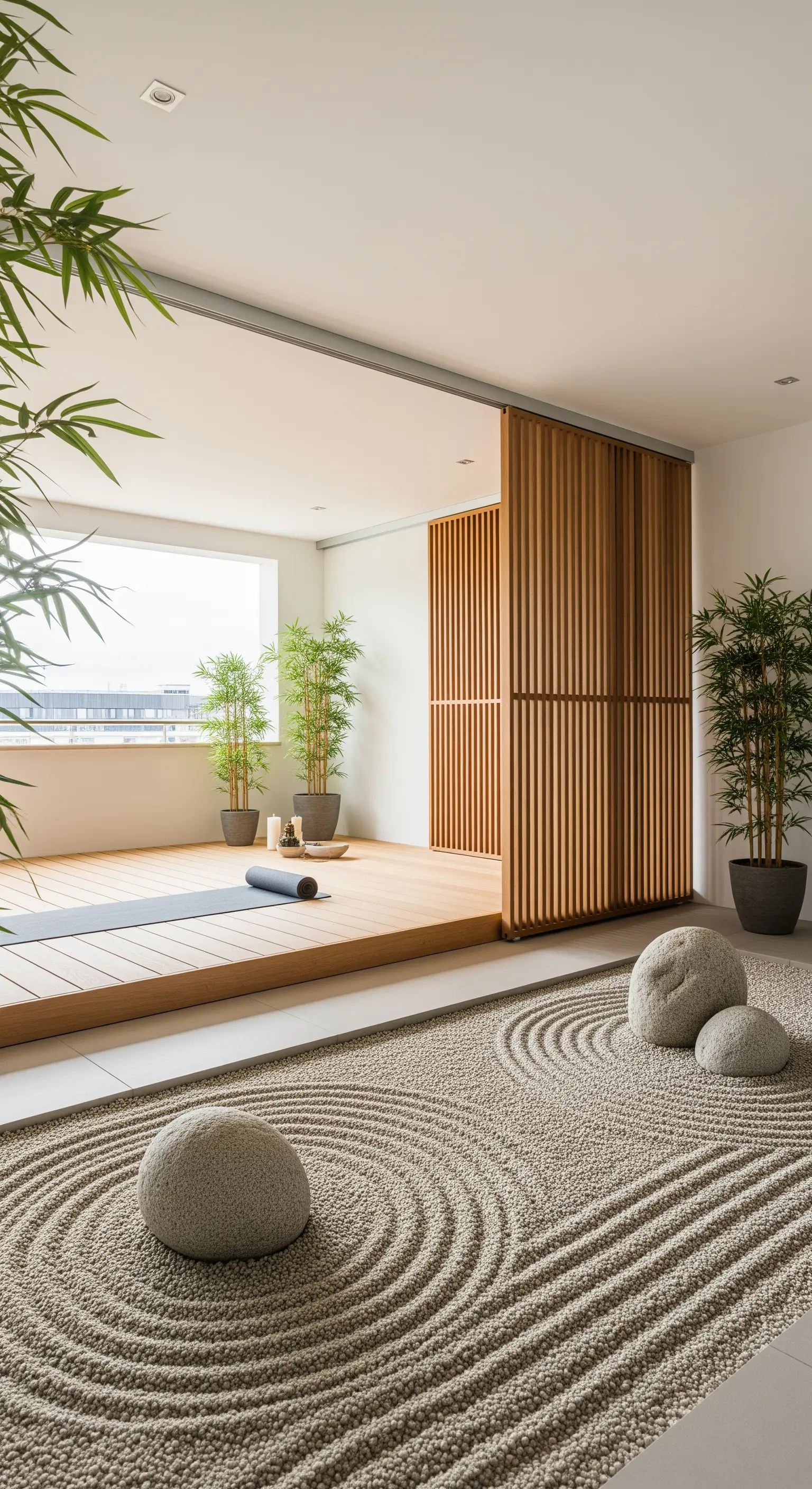 Yoga-Raum mit Schiebetüren öffnet sich zu Zen-Kiesgarten