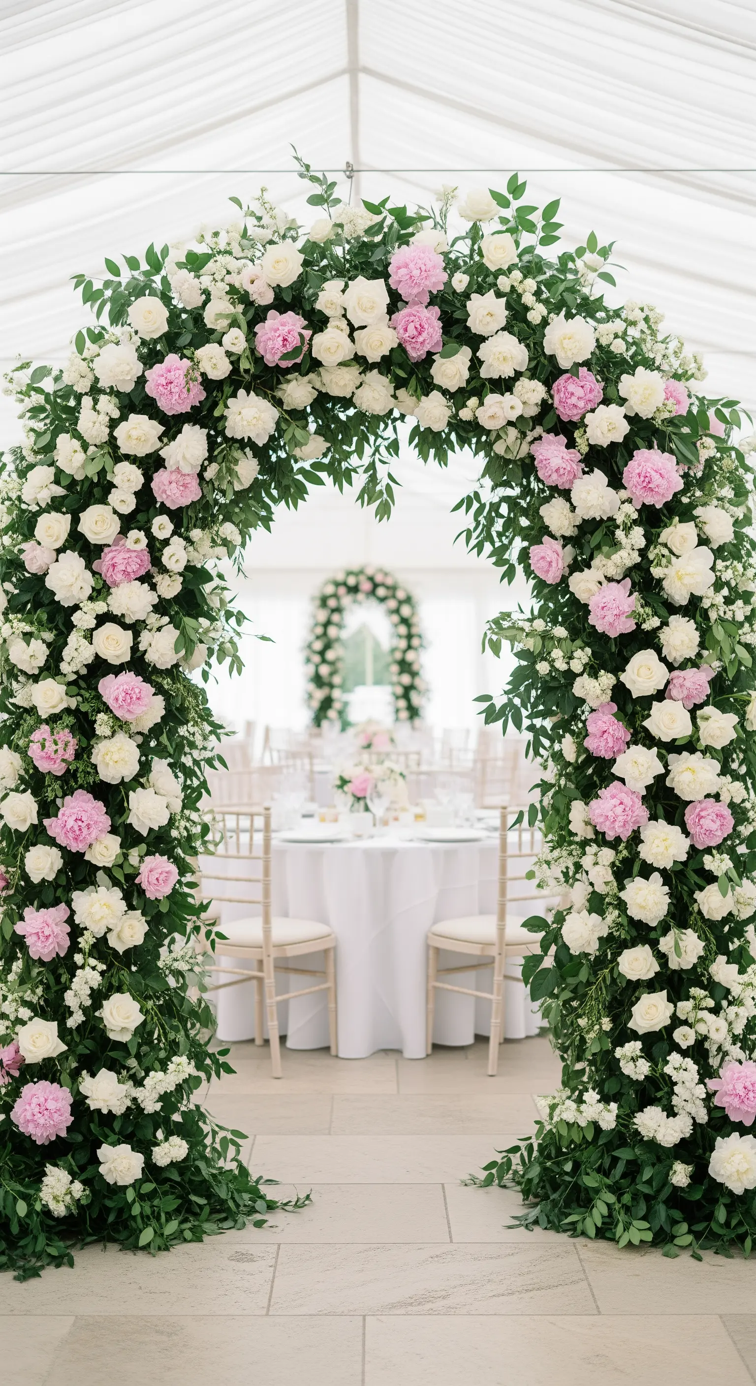Üppiger Blumenbogen mit weißen und rosa Rosen als Eingang