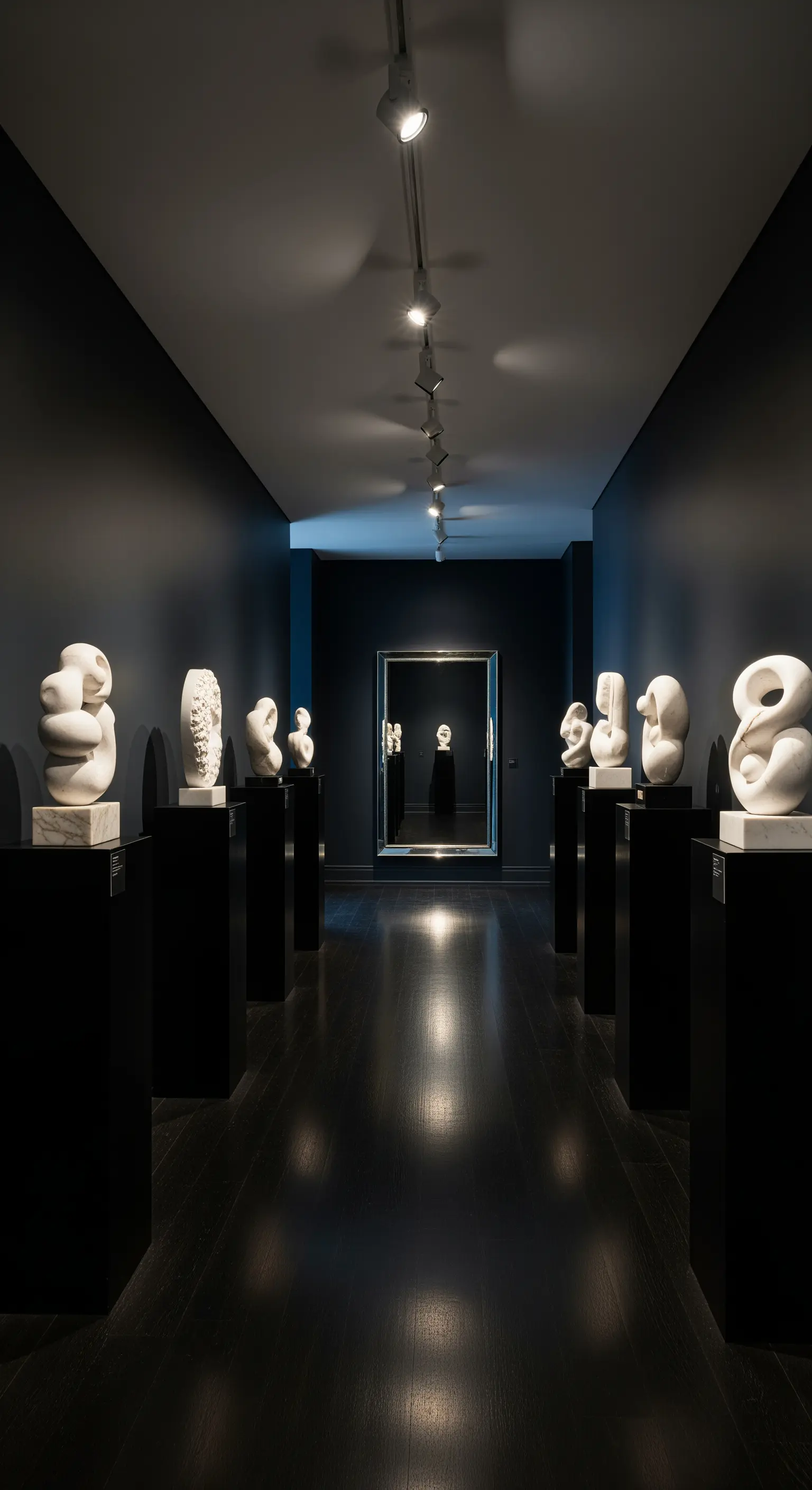 Dunkler Flur mit Skulpturen und Spotlights