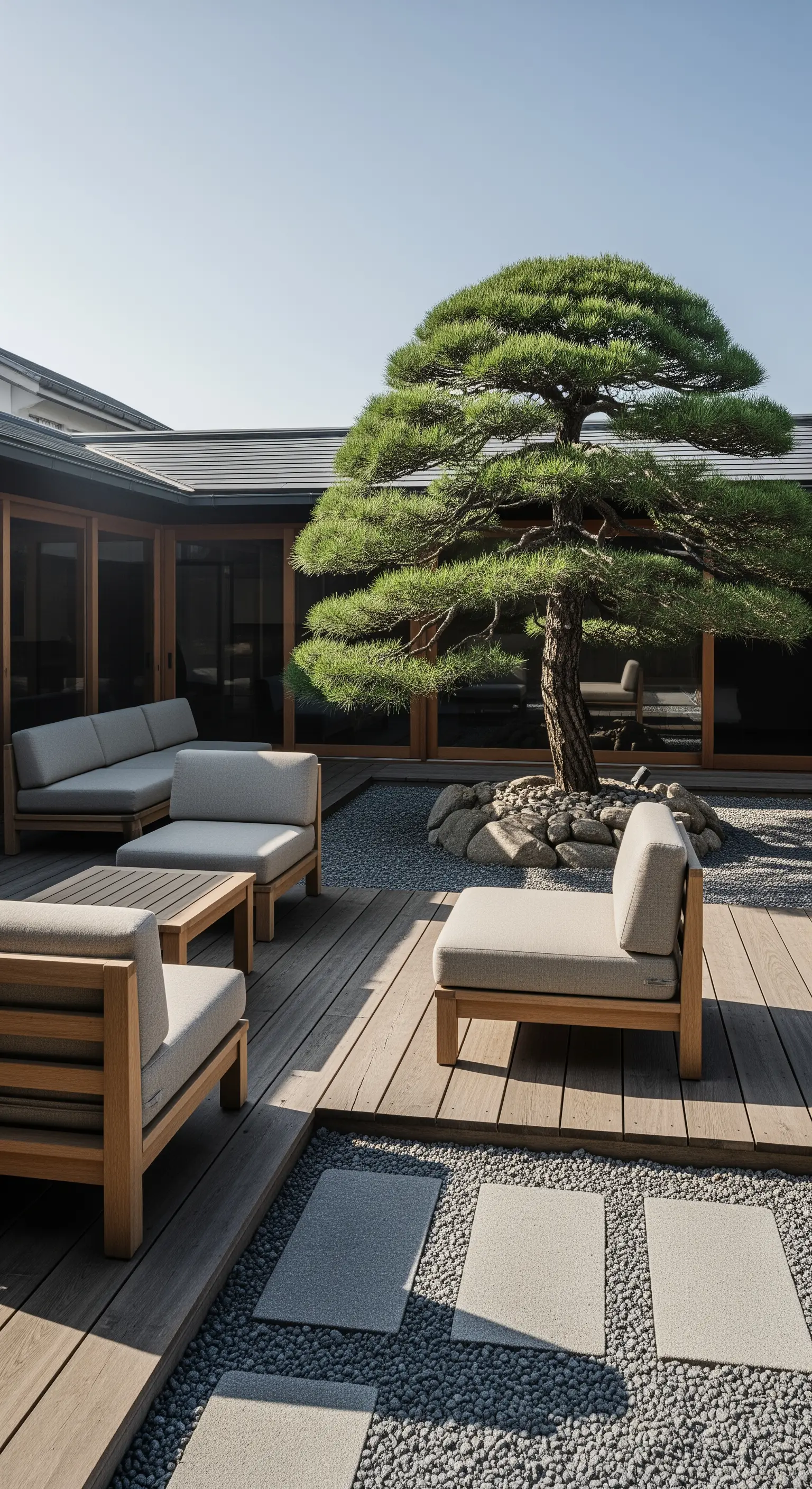 Japandi Innenhof mit skulpturaler Kiefer und Holzdeck