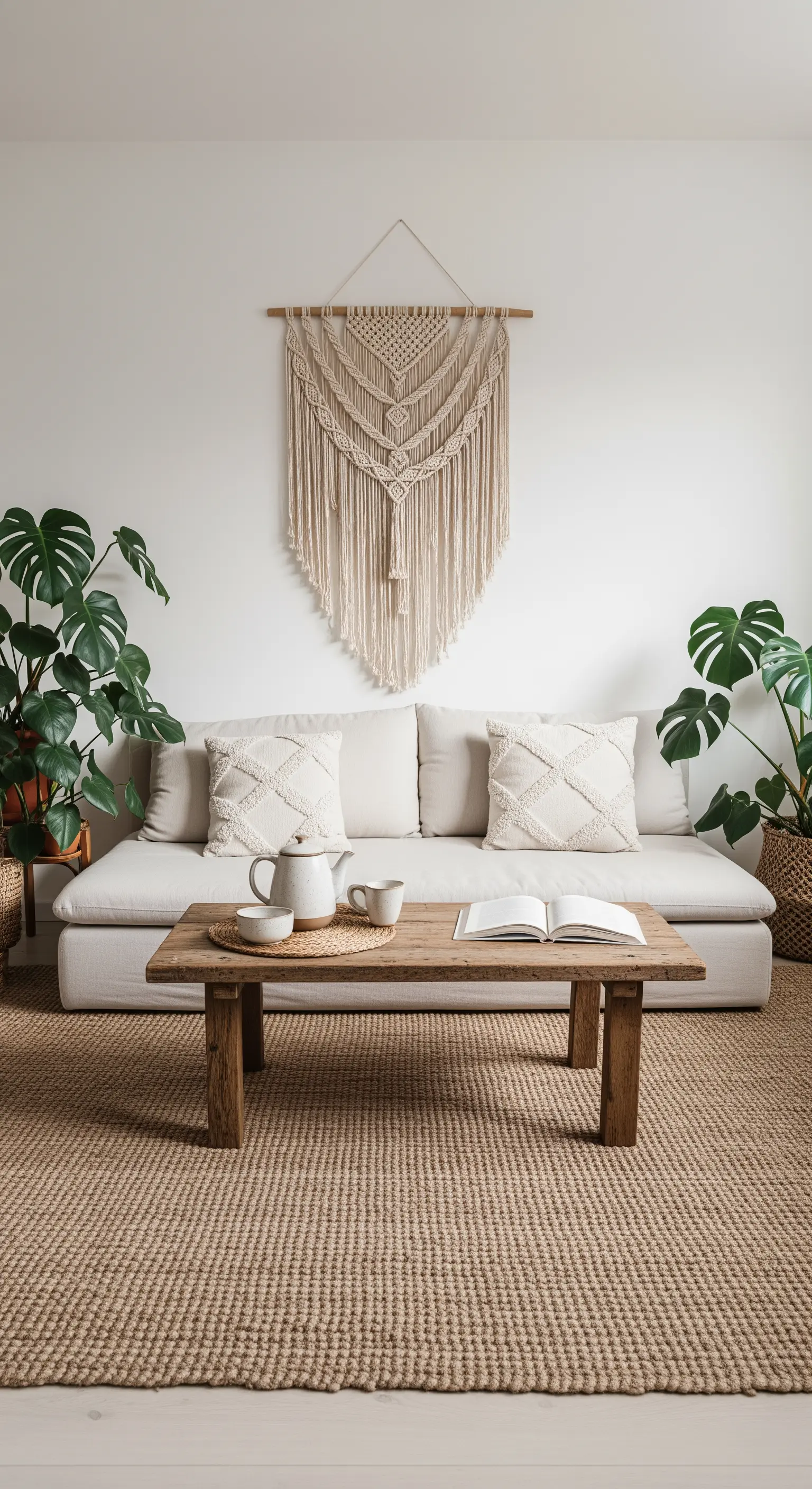 Helles Boho-Wohnzimmer mit großem Makramee und Monstera-Pflanze