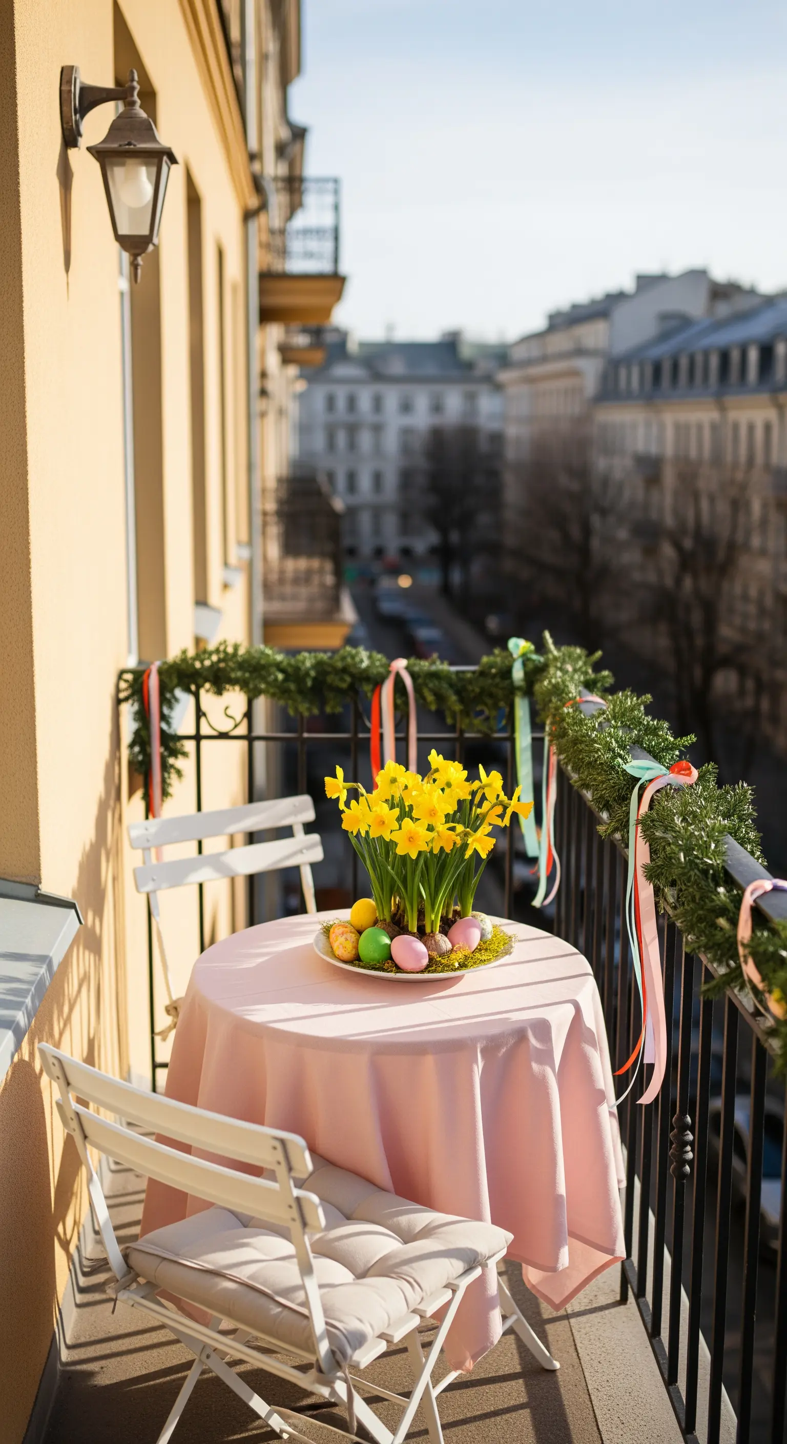 Kleiner Balkontisch mit rosa Decke und gelben Narzissen