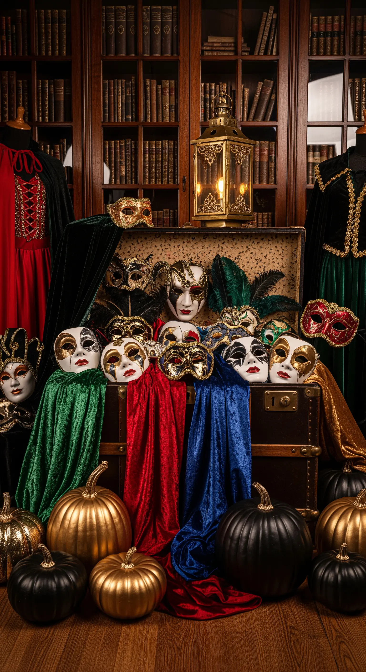 Truhe mit Masken und Samtstoffen