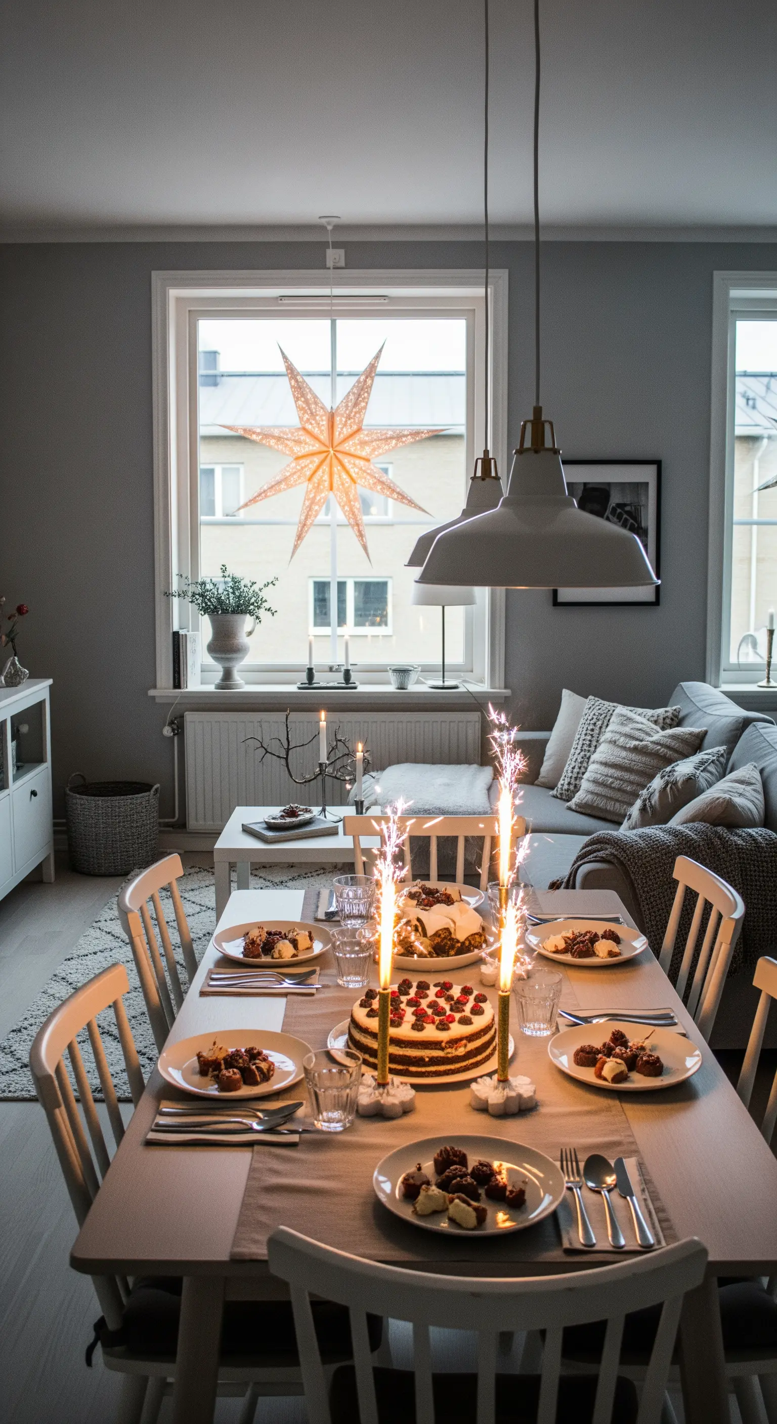 Esstisch mit Kuchen und sprühenden Wunderkerzen