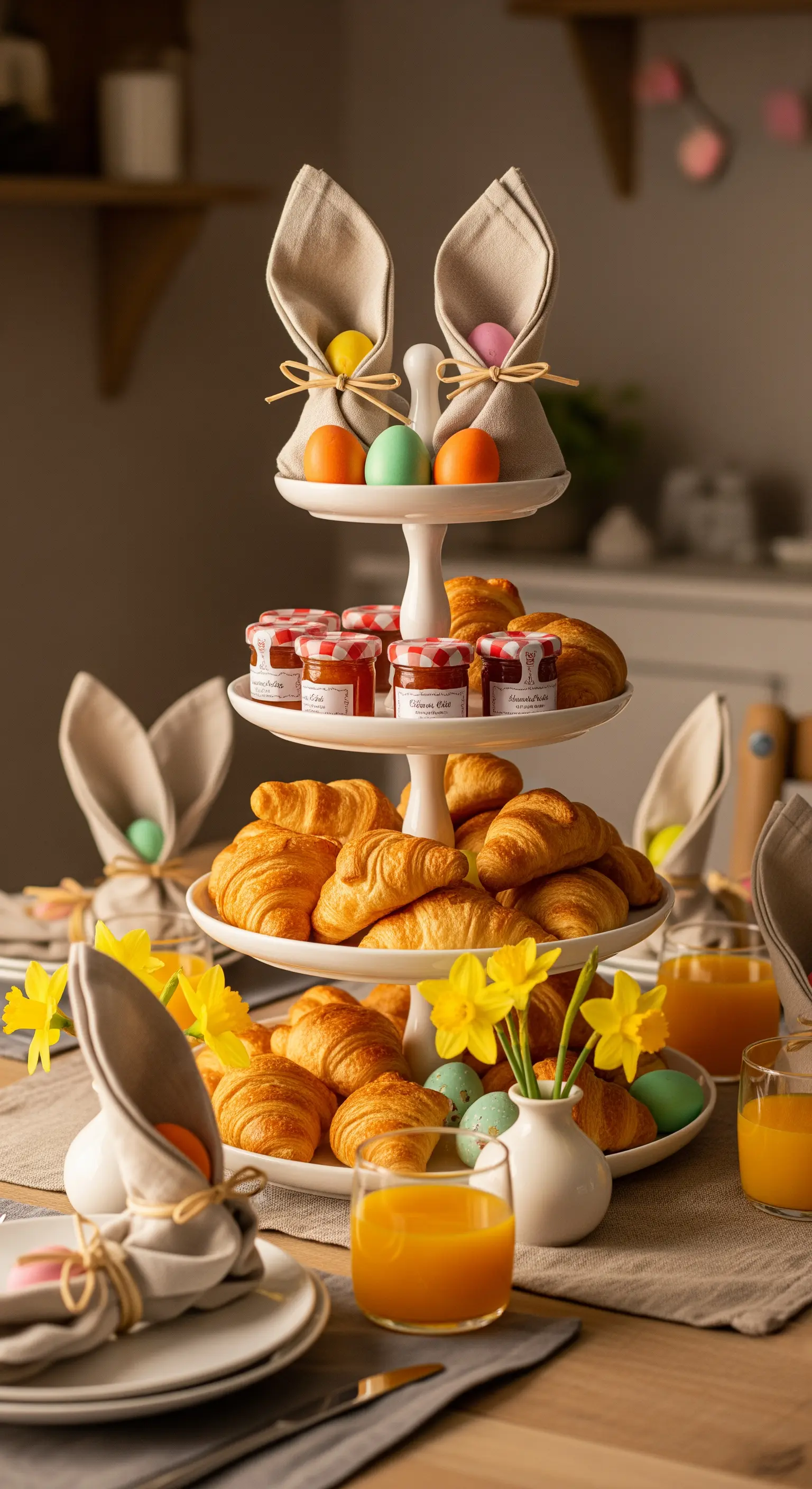 Etagere mit Croissants, Marmelade und Hasen-Servietten