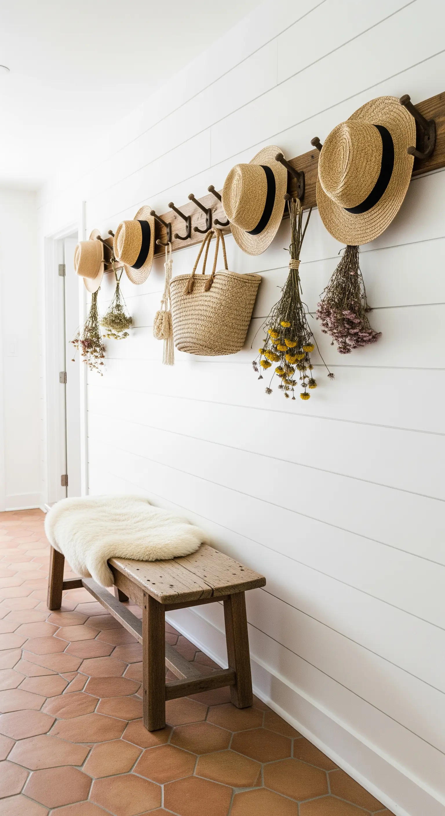 Hakenleiste mit Strohhüten und hängenden Trockenblumen