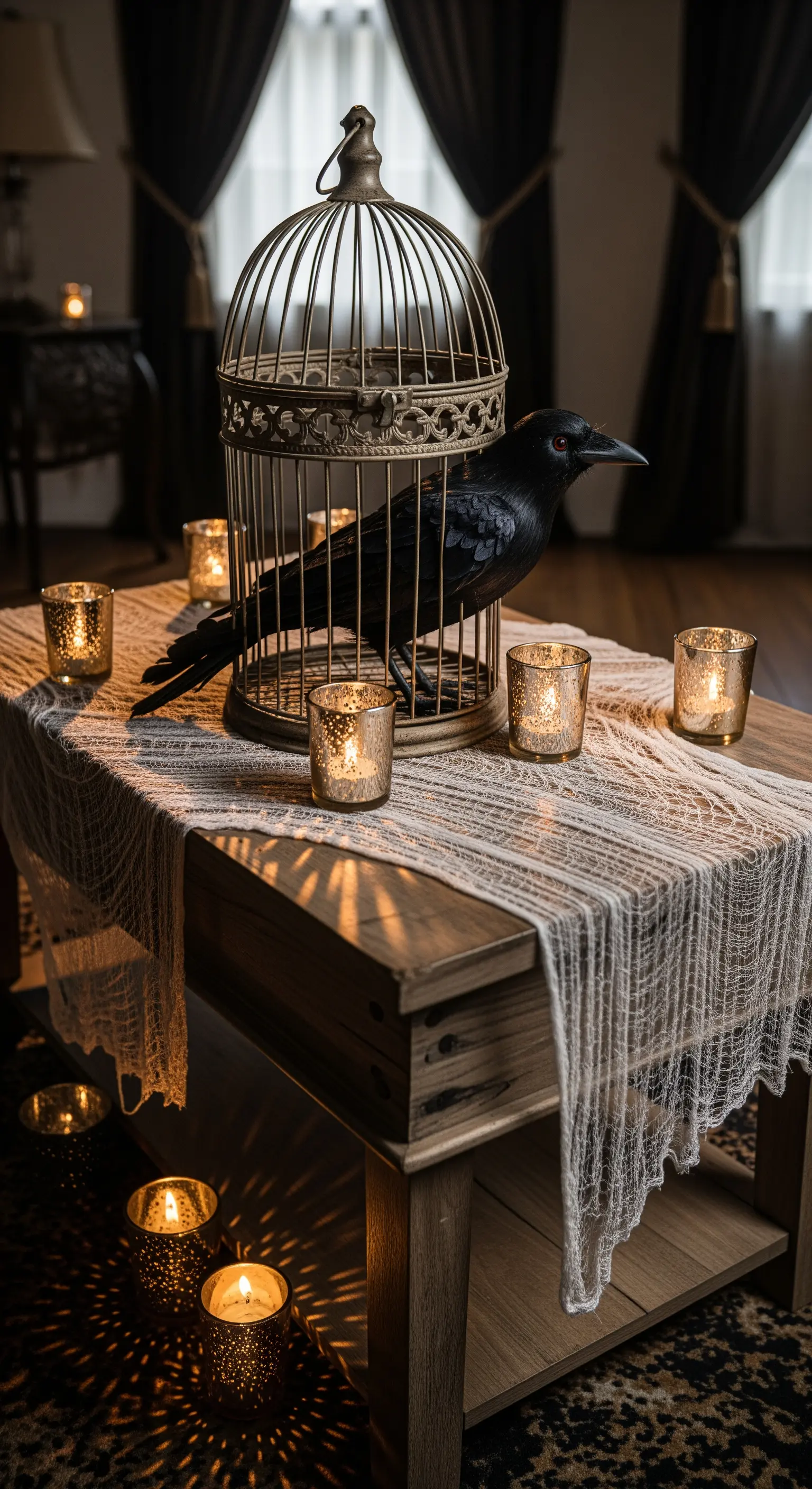 Vintage-Vogelkäfig mit Krähe und Teelichtern auf Gaze