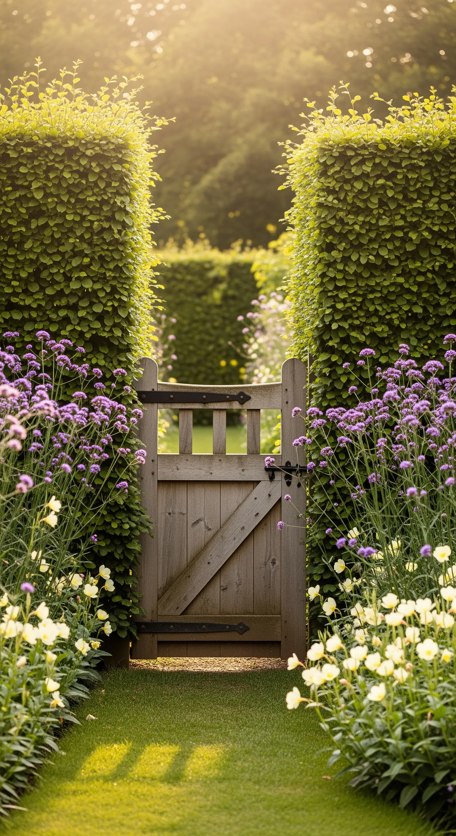 Hohe Hecke mit Holztor und lila Eisenkraut davor