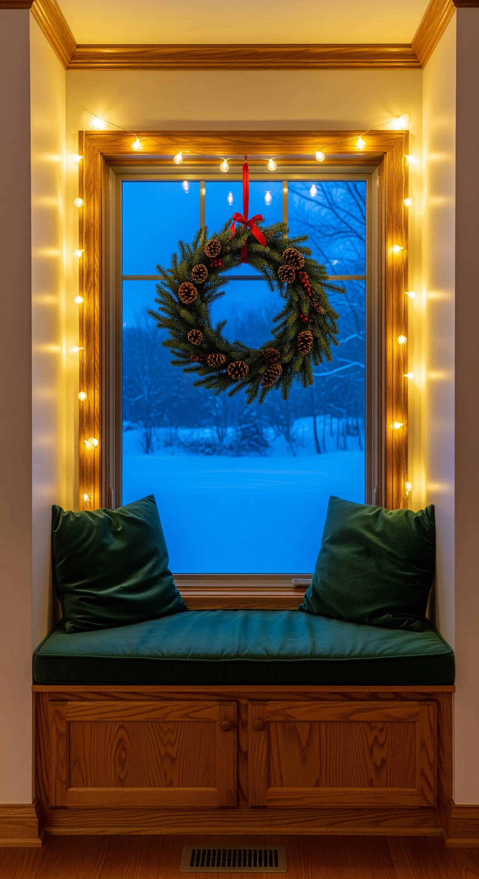 Fensterbank mit Lichterkette, Kranz und grünen Kissen