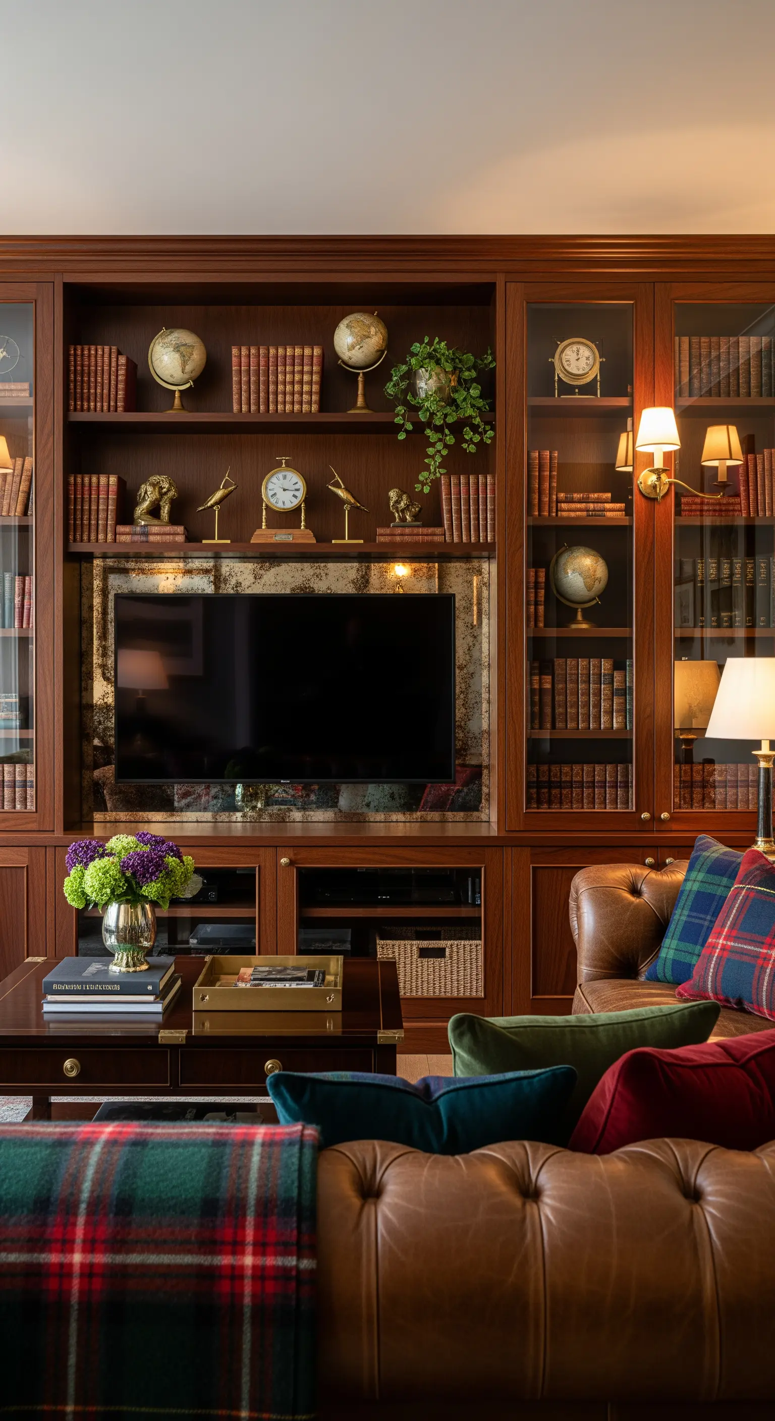 Dunkle Holzbibliothek mit integriertem TV und Spiegeln