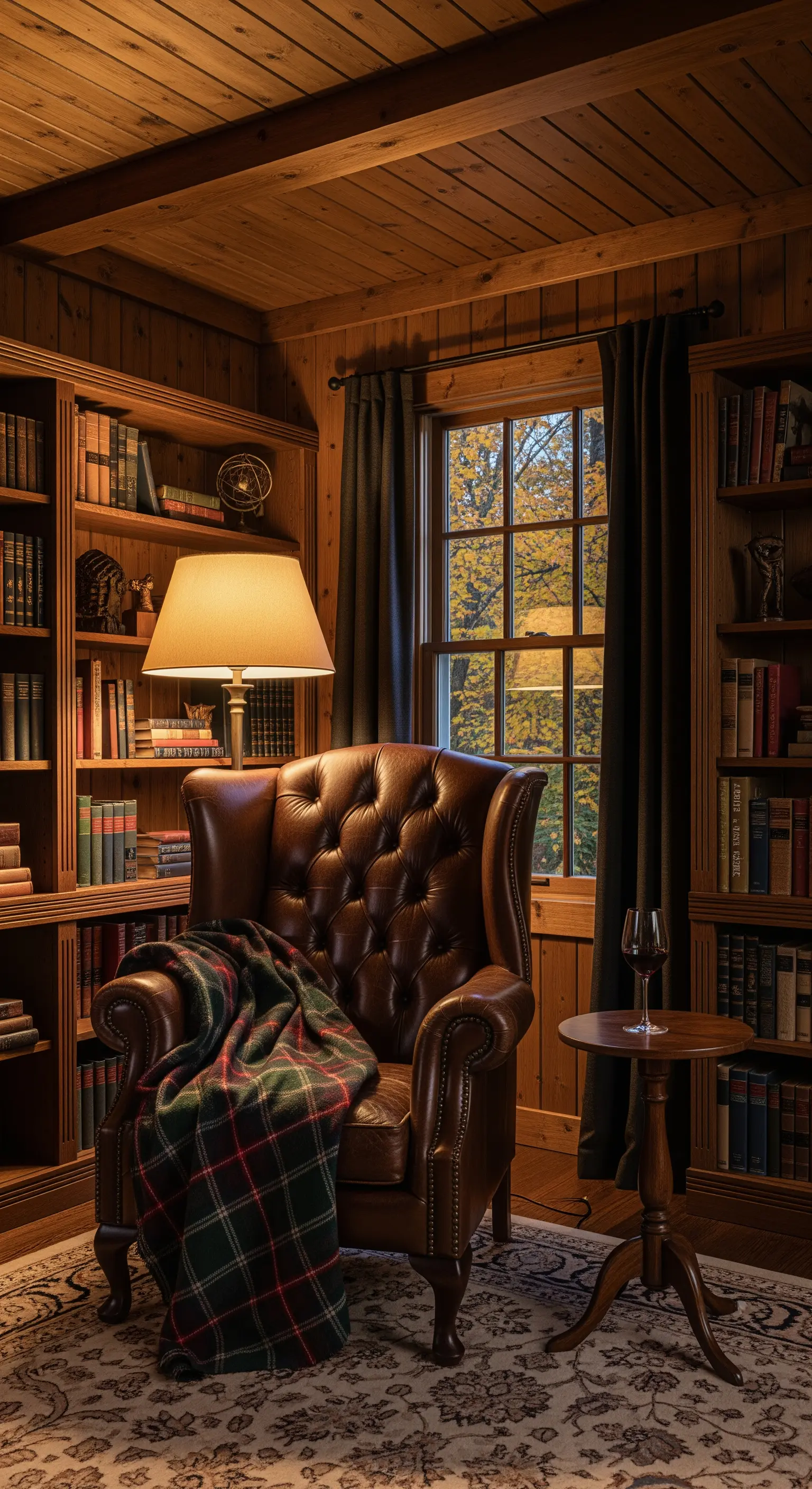 Brauner Ledersessel in Bibliotheksecke mit karierter Decke