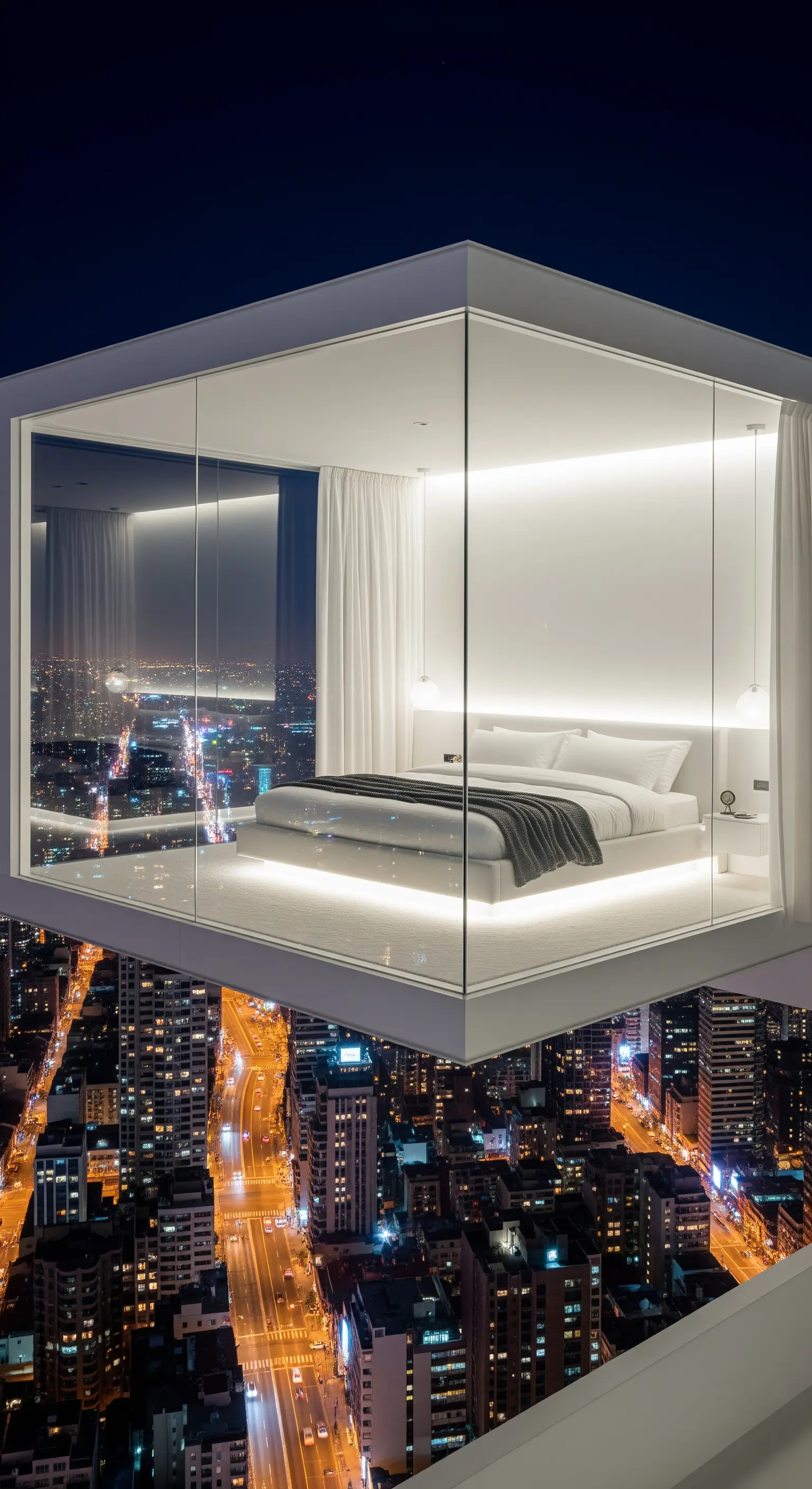 Minimalistisches weißes Bett in einem transparenten Glaskubus über der Stadt